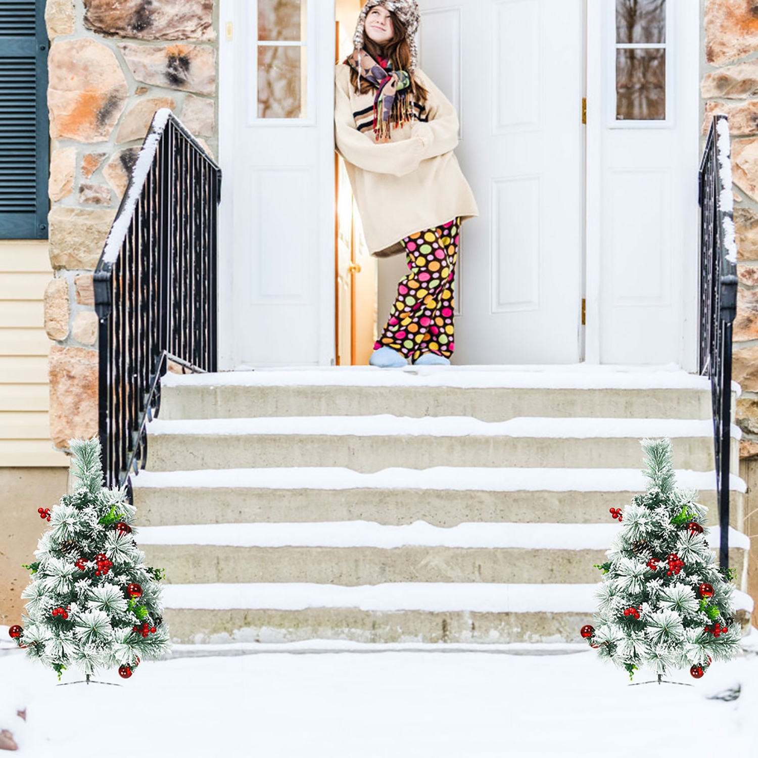 Costway Set of 2 24in Battery Powered Pre-lit Pathway Flocked Christmas Trees Outdoor