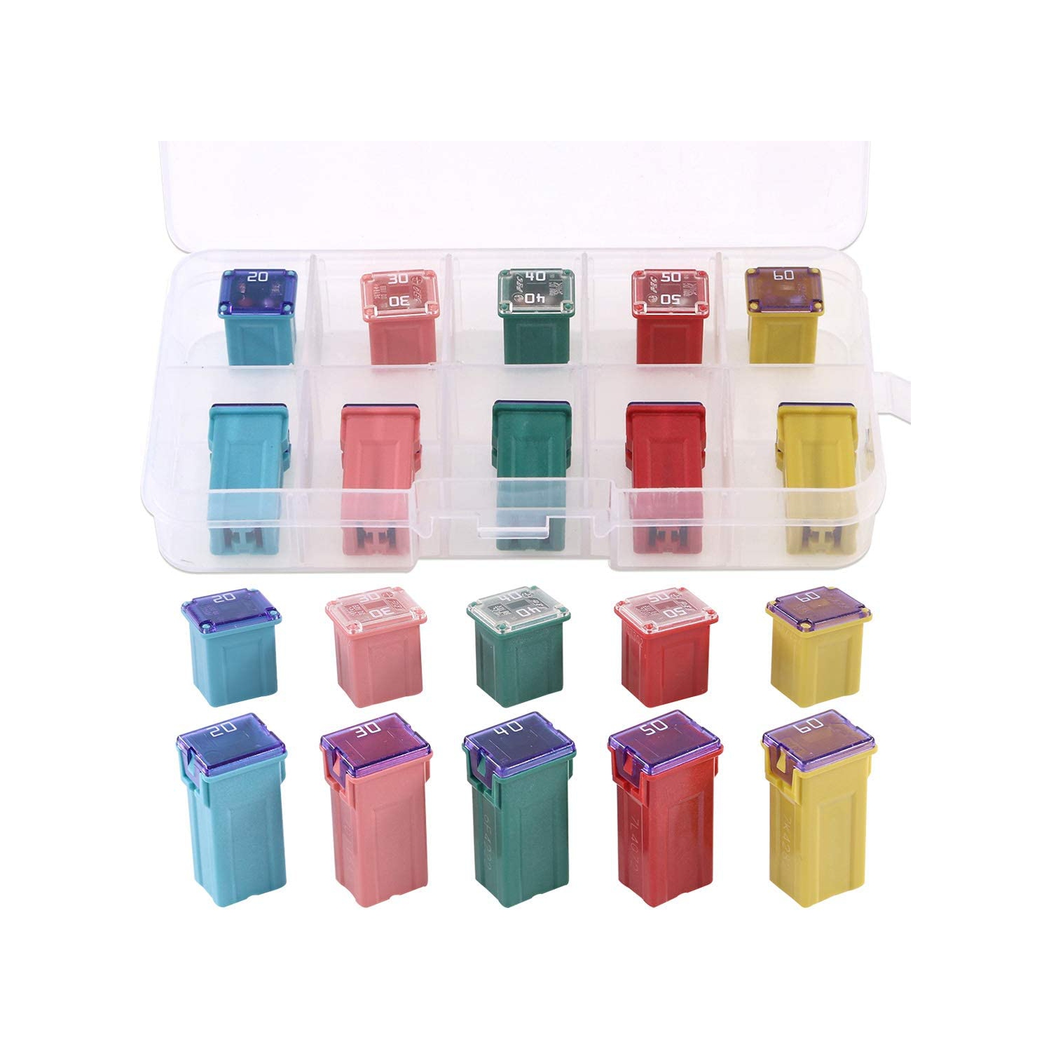 10Pcs Automotive Low and Tall/Standard Profile Box Shaped Fuse 20A 30A 40A 50A 60A Fuse Assortment Kit for Ford, Chevy/GM, Nissan, and Toyota Pickup