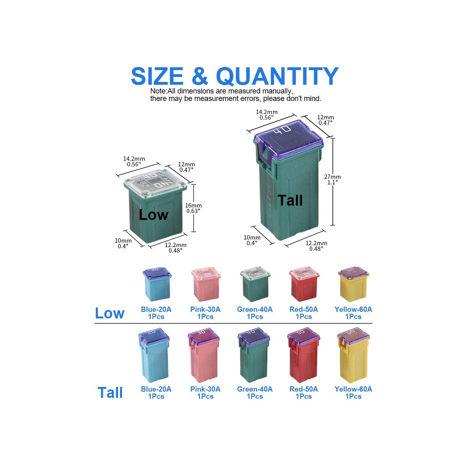 10Pcs Automotive Low and Tall/Standard Profile Box Shaped Fuse 20A 30A 40A 50A 60A Fuse Assortment Kit for Ford, Chevy/GM, Nissan, and Toyota Pickup