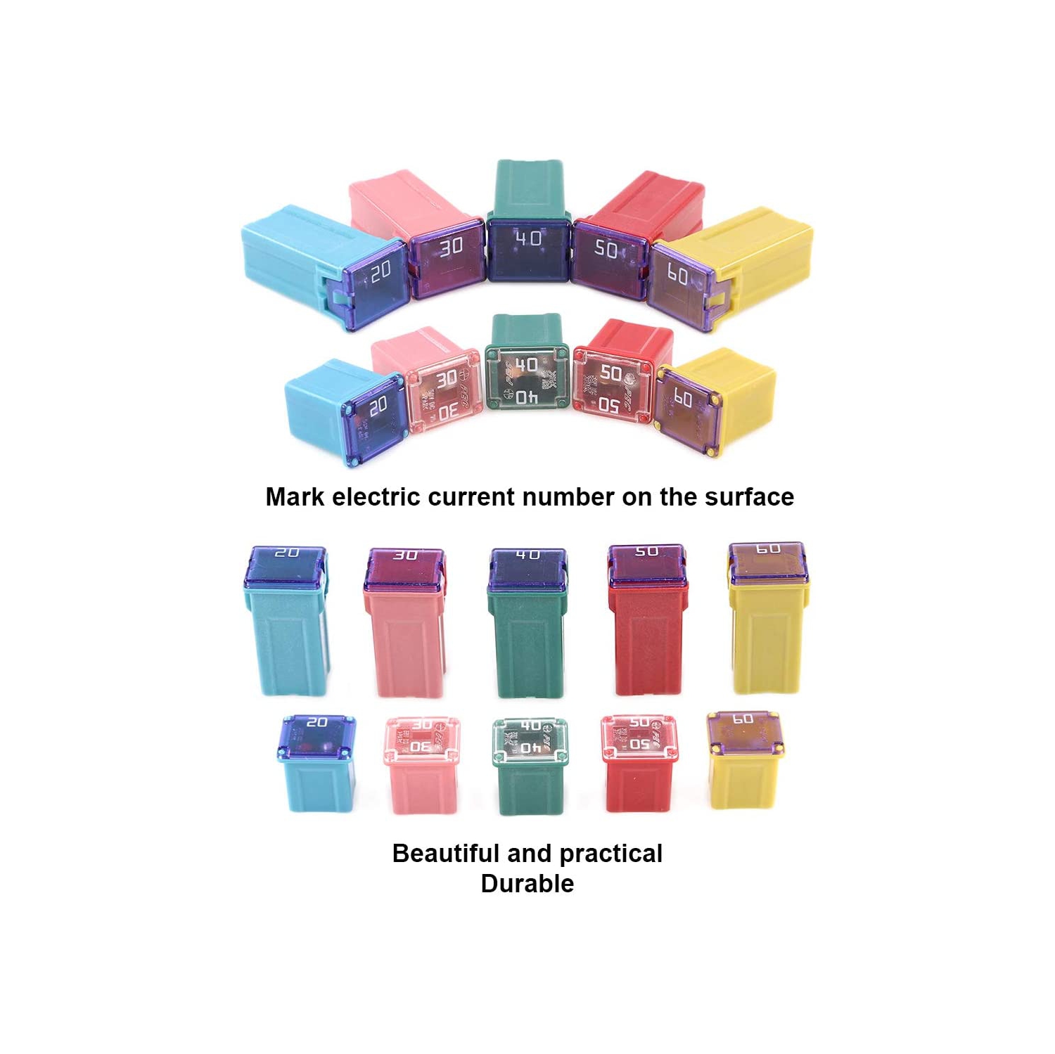 10Pcs Automotive Low and Tall/Standard Profile Box Shaped Fuse 20A 30A 40A 50A 60A Fuse Assortment Kit for Ford, Chevy/GM, Nissan, and Toyota Pickup