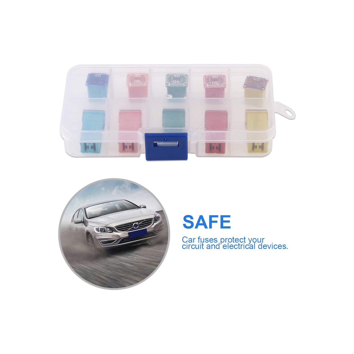 10Pcs Automotive Low and Tall/Standard Profile Box Shaped Fuse 20A 30A 40A 50A 60A Fuse Assortment Kit for Ford, Chevy/GM, Nissan, and Toyota Pickup