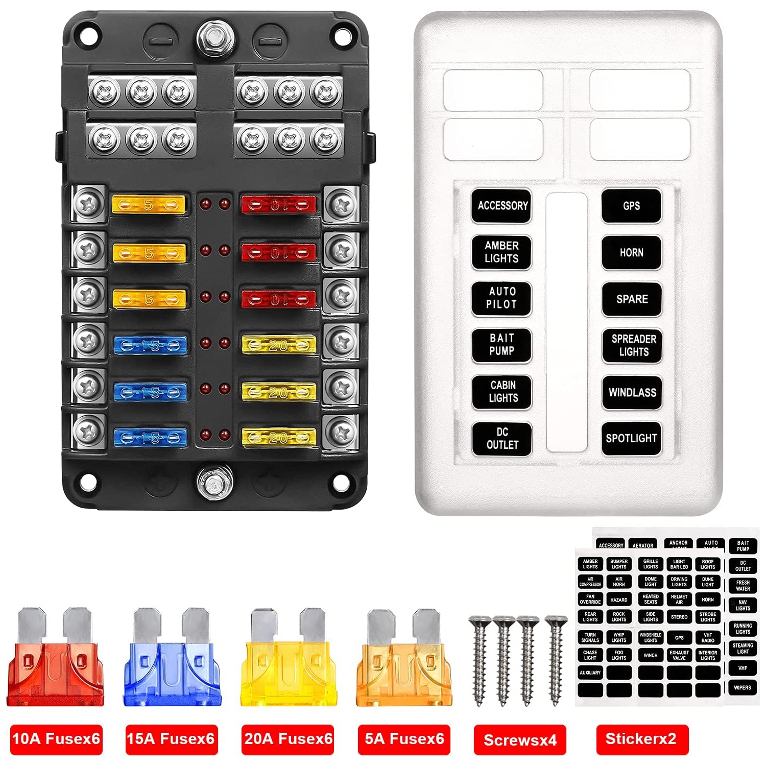 12 Way Blade Fuse Block, 12V Automotive Fuse Box Holder, Waterproof Cover with Negative Bus Fuse Panel LED Indicator for Automotive Car Truck Boat