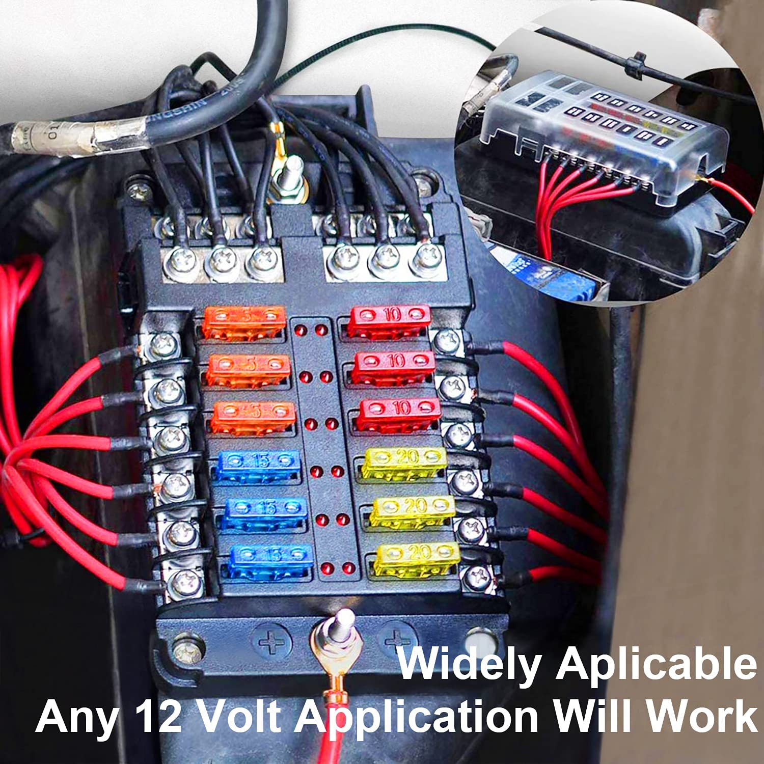 12 Way Blade Fuse Block, 12V Automotive Fuse Box Holder, Waterproof Cover with Negative Bus Fuse Panel LED Indicator for Automotive Car Truck Boat