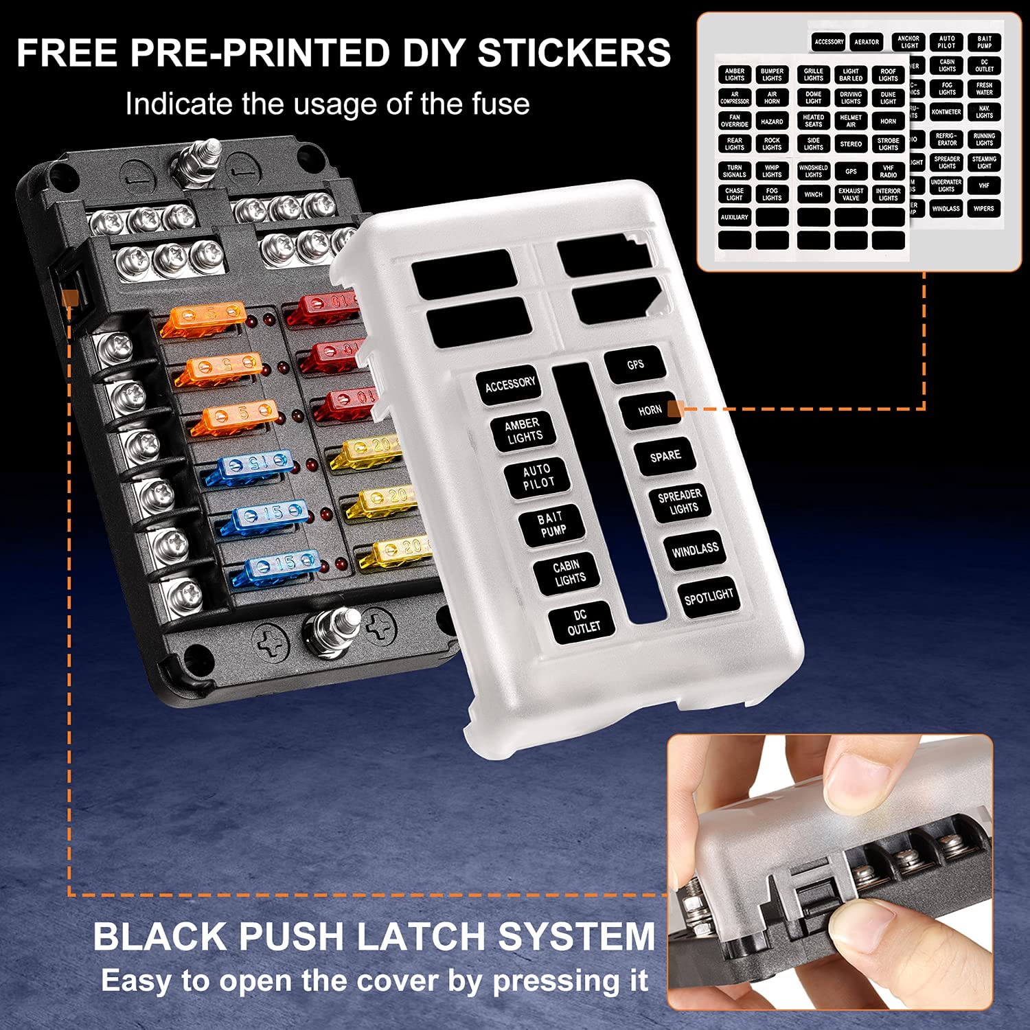 12 Way Blade Fuse Block, 12V Automotive Fuse Box Holder, Waterproof Cover with Negative Bus Fuse Panel LED Indicator for Automotive Car Truck Boat