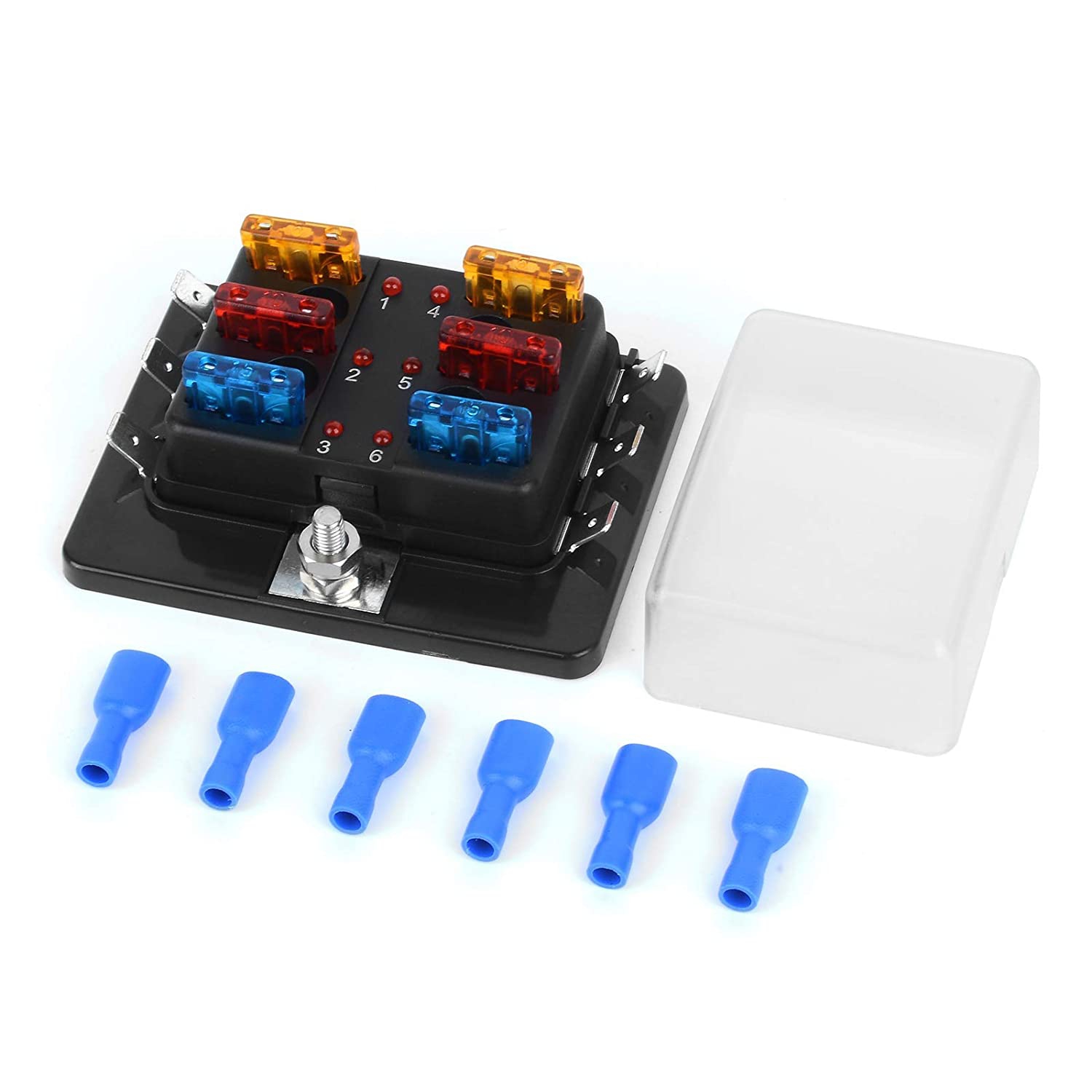 6 Way DC 12~32V Blade Fuse Box Holder Fuse Block with Fuses Terminals with LED Warning Light Protection Cover for Automotive Car Boat Marine Trike