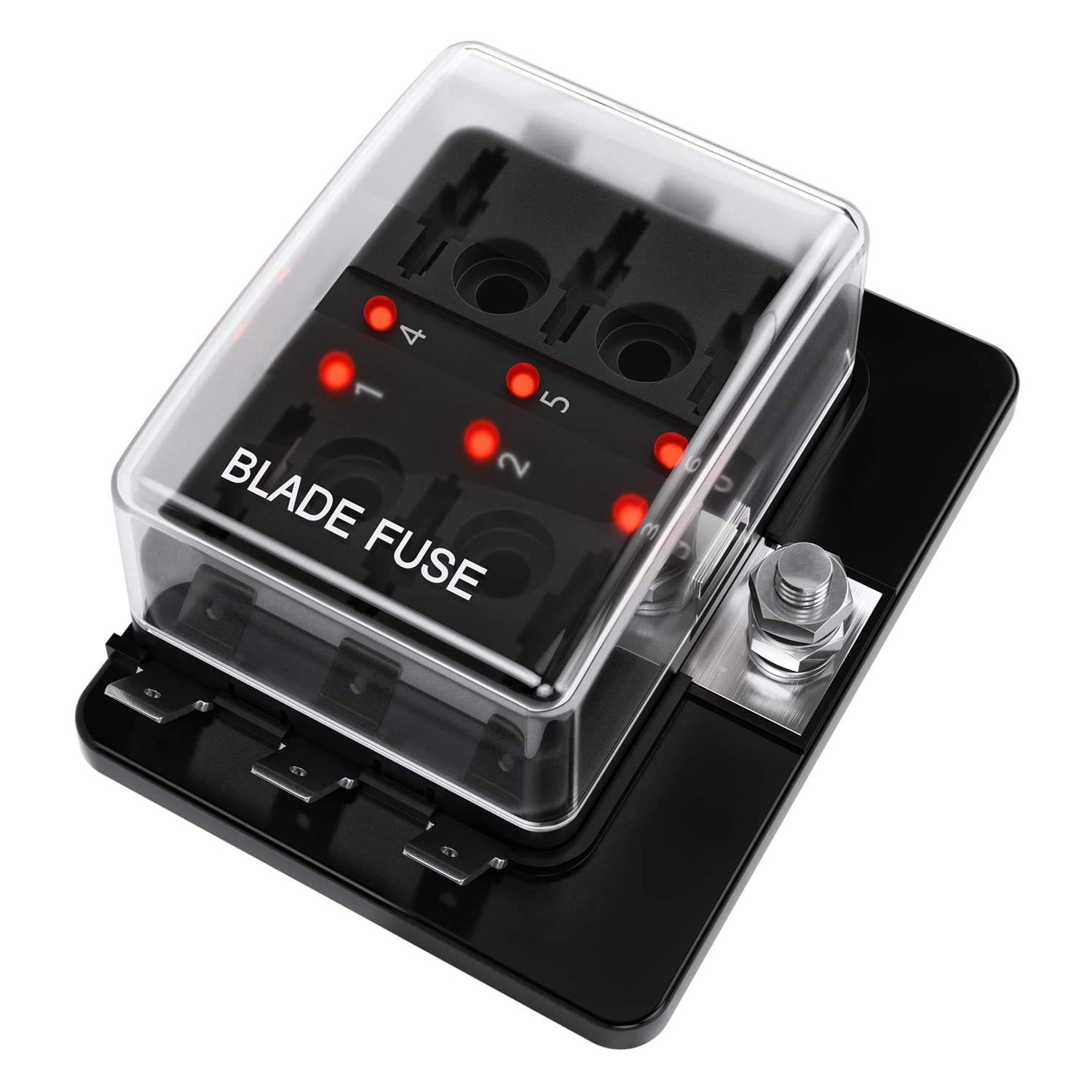 6 Way DC 12~32V Blade Fuse Box Holder Fuse Block with Fuses Terminals with LED Warning Light Protection Cover for Automotive Car Boat Marine Trike