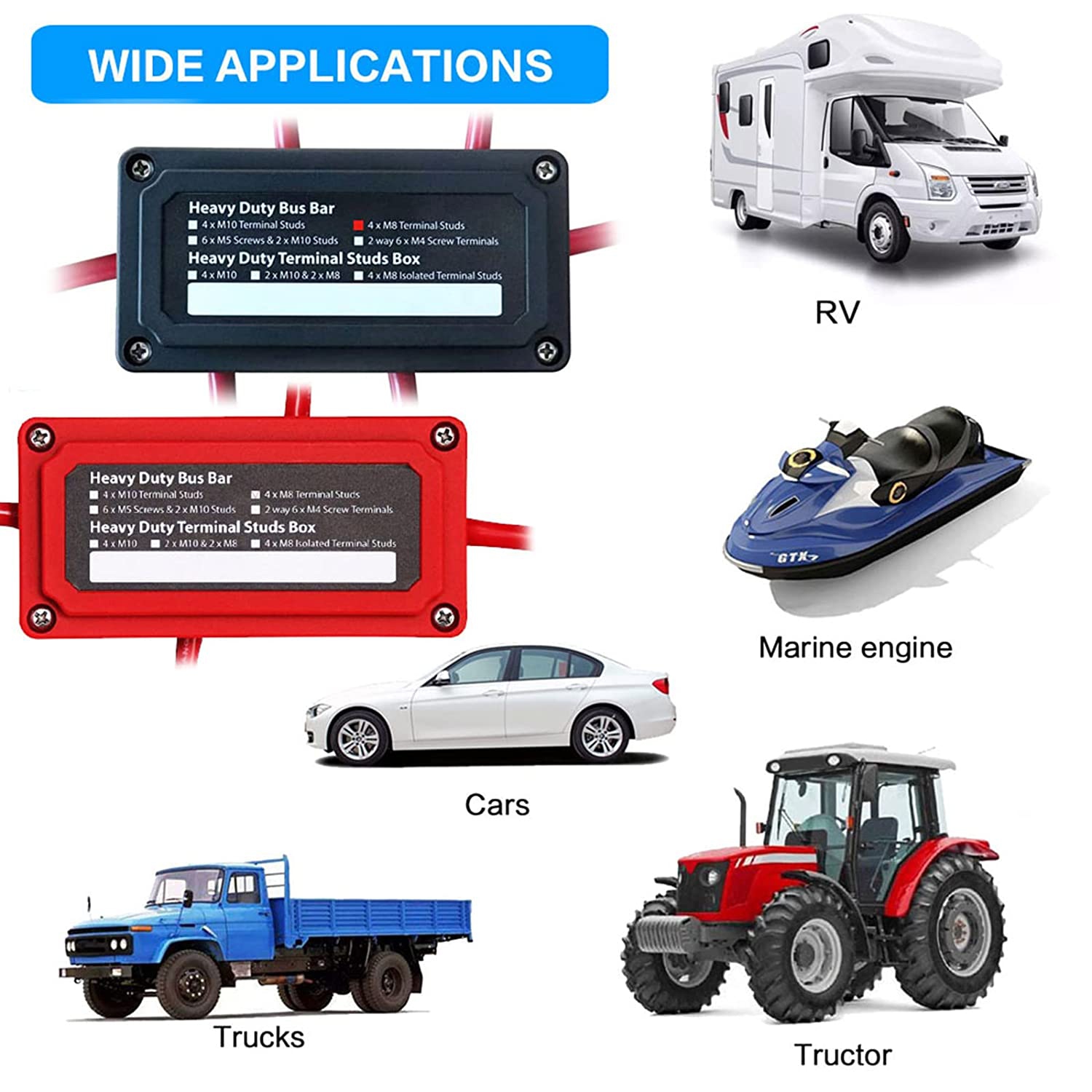 2 PCS 300A Bus Bar Box Heavy Duty Module Design Battery Power Distribution Junction Terminal Block with 4X M8(5/16') Copper Terminal Studs Marine