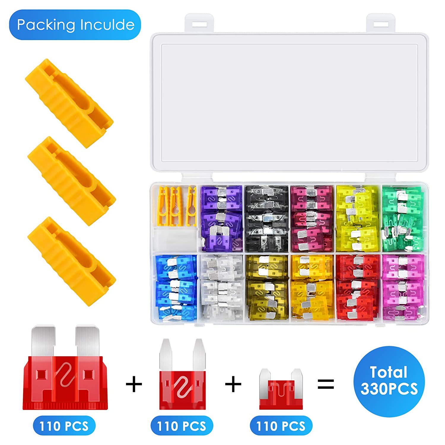 330 PCS Car Fuses Assortment Kit,Car Blade Fuses Set with Fuses Puller - Standard & Small & Mini Size(2A/3A/5A/7.5A/10A/15A/20A/25A/30A/35A/40A) Car