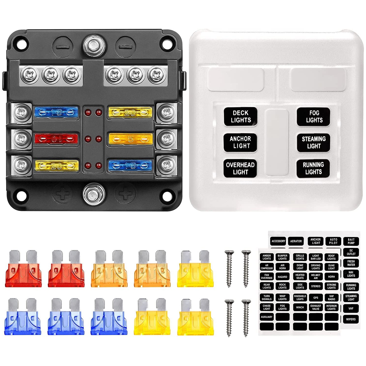 6 Way Blade Fuse Block, 12V Waterproof Fuse Box Holder, 6 Circuit Negative Bus Fuse Box with LED Indicator for Automotive Car Truck Boat Marine RV Van