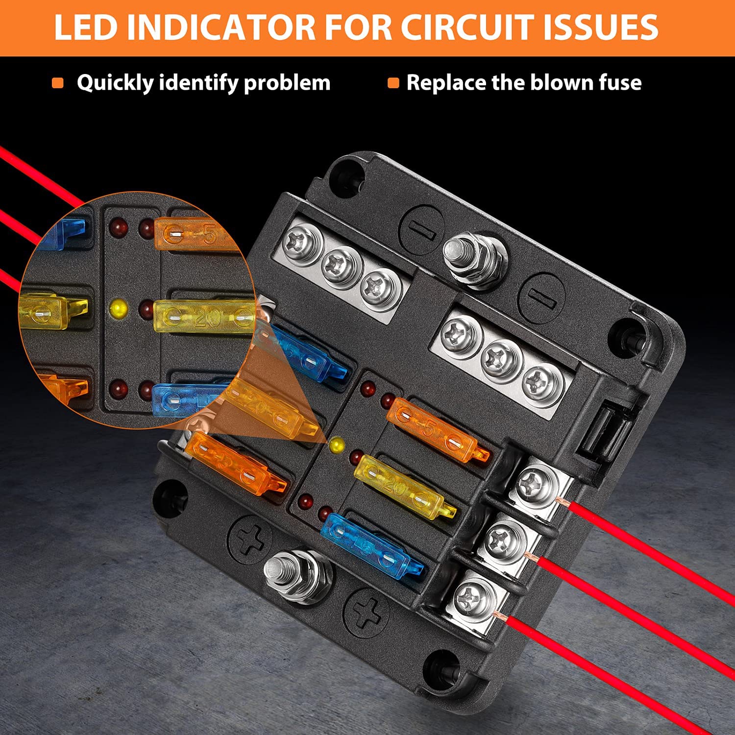 6 Way Blade Fuse Block, 12V Waterproof Fuse Box Holder, 6 Circuit Negative Bus Fuse Box with LED Indicator for Automotive Car Truck Boat Marine RV Van