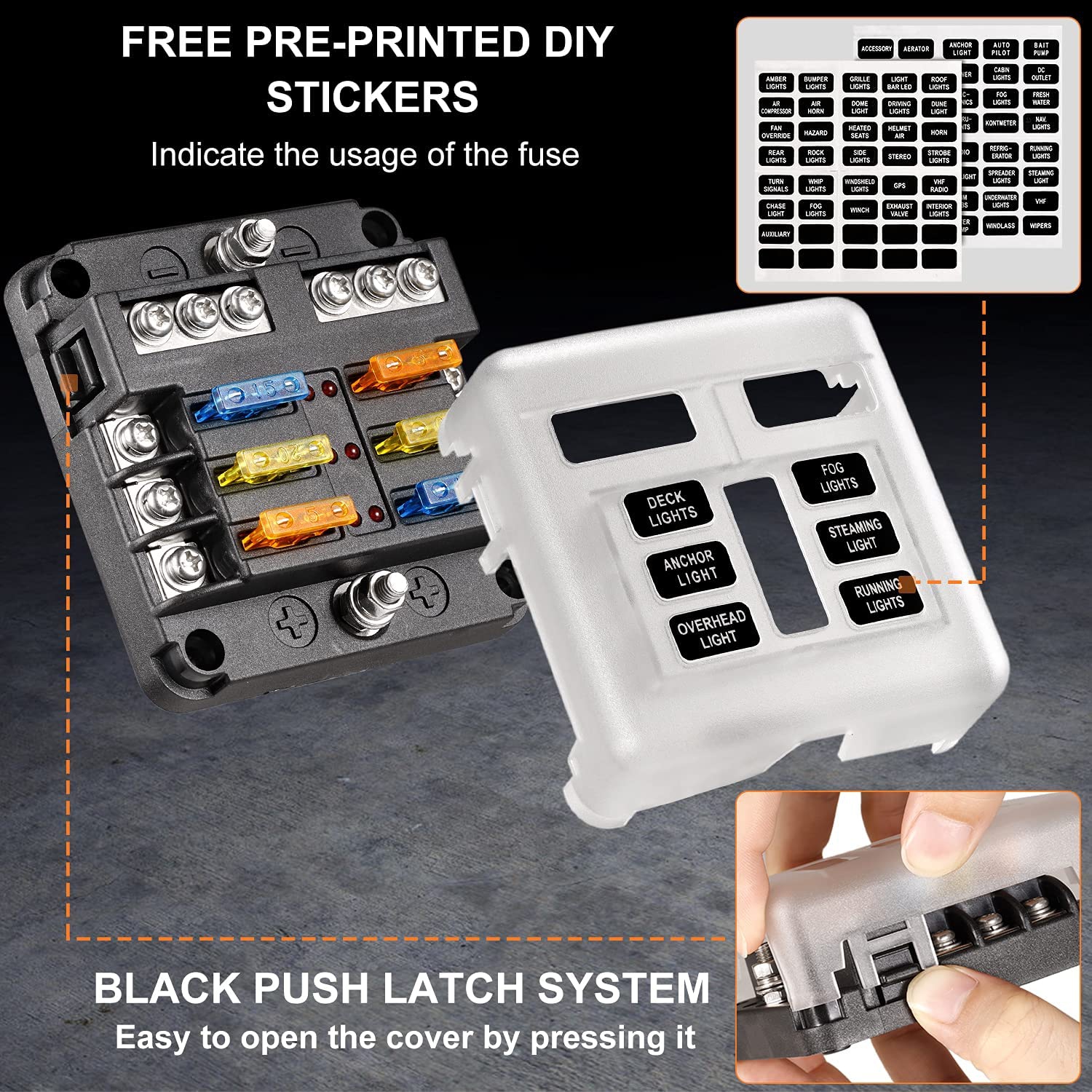 6 Way Blade Fuse Block, 12V Waterproof Fuse Box Holder, 6 Circuit Negative Bus Fuse Box with LED Indicator for Automotive Car Truck Boat Marine RV Van