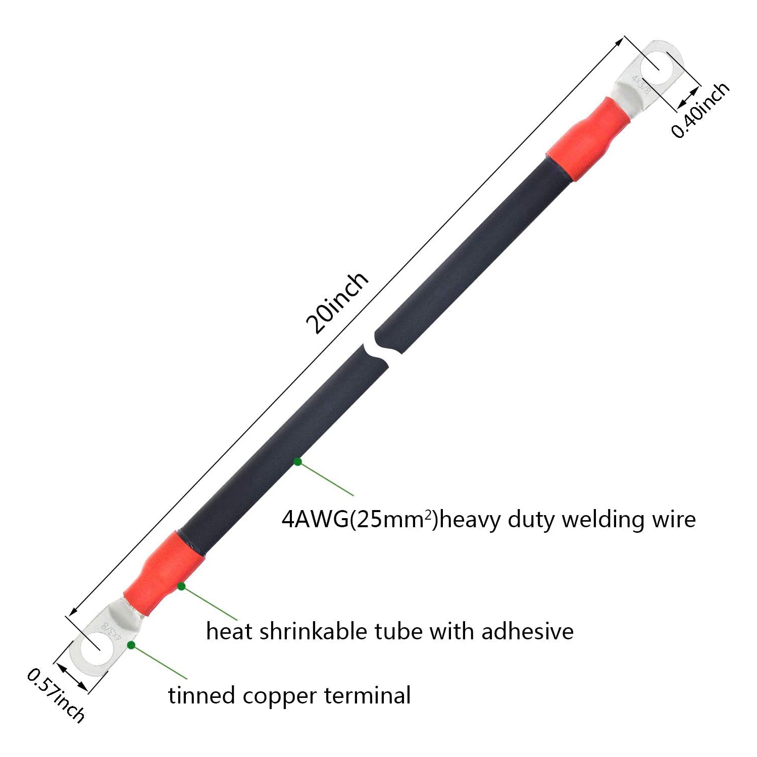 2 câbles d'alimentation à onduleur calibre 4 AWG, terminal en cuivre étamé, Bon pour solaire, auto, VR, moto, voiture et marine