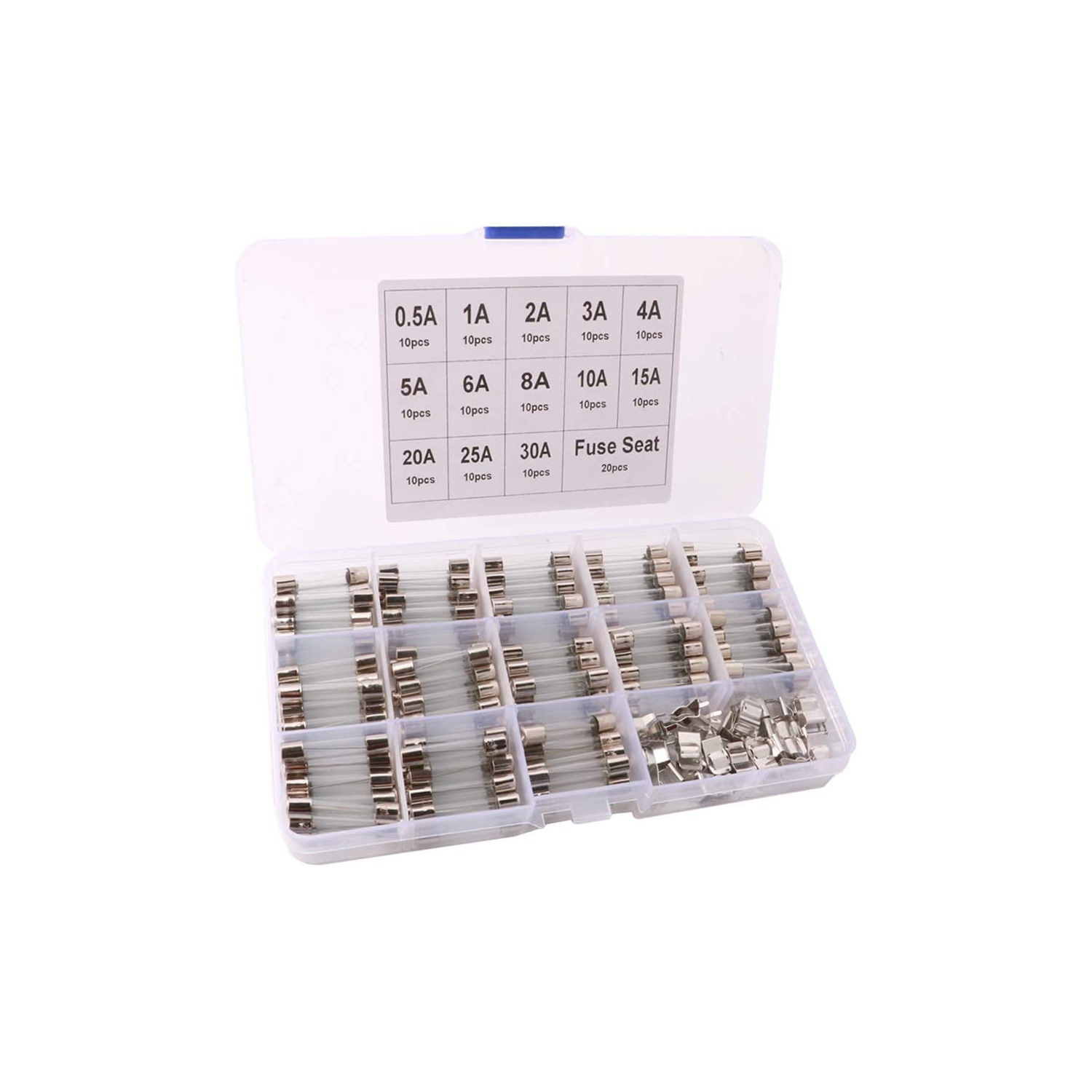 150Pcs 6X30mm Professional Car Fast-Blow Glass Tube Fuse Kit: 130Pcs Quick Blow Glass Tube Fuse + 20Pcs Fuse Seat, with Transparent Plastic Box