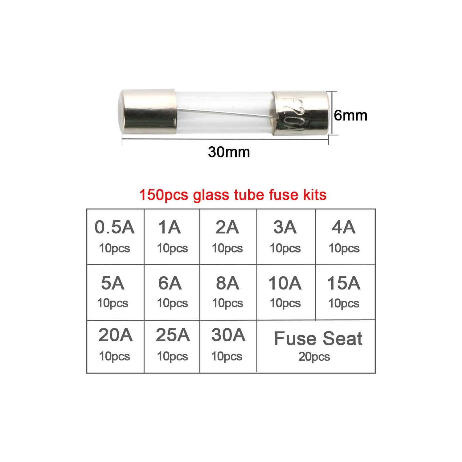 150Pcs 6X30mm Professional Car Fast-Blow Glass Tube Fuse Kit: 130Pcs Quick Blow Glass Tube Fuse + 20Pcs Fuse Seat, with Transparent Plastic Box