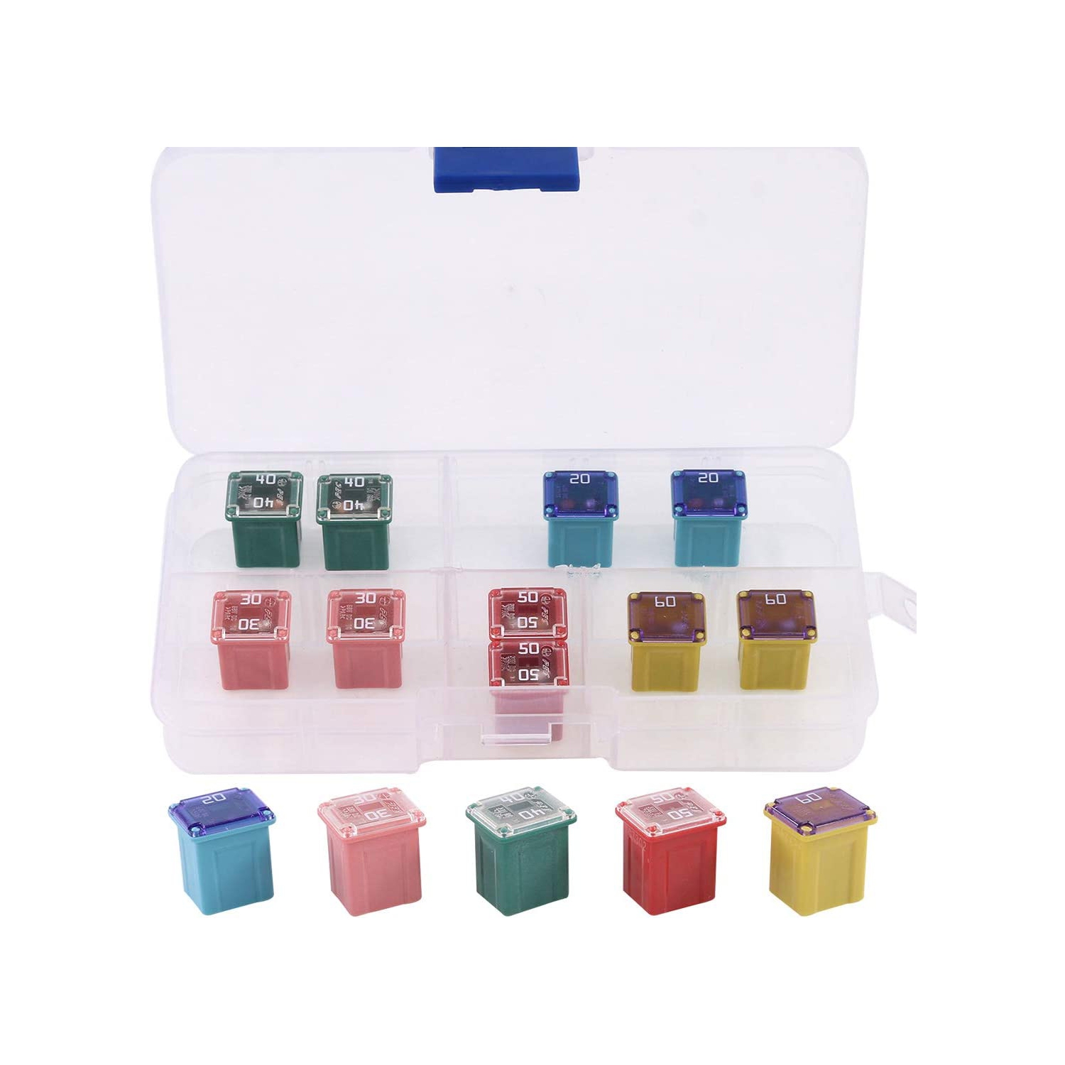10Pcs Automotive Low Profile Box Shaped Mini Fuse 20A 30A 40A 50A 60A Fuse Assortment Kit for Ford, Chevy/GM, Nissan, and Toyota Pickup Trucks, Cars