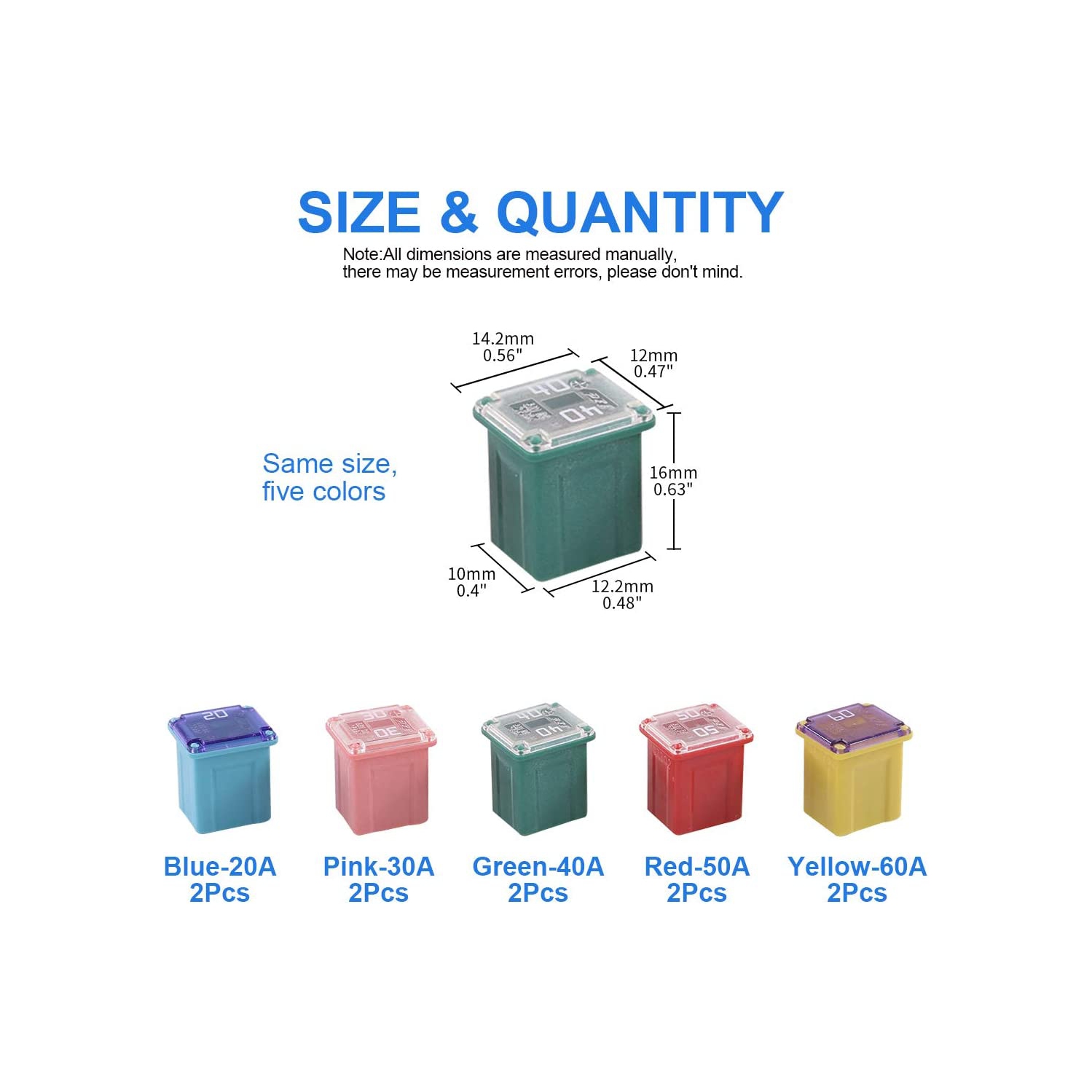 10Pcs Automotive Low Profile Box Shaped Mini Fuse 20A 30A 40A 50A 60A Fuse Assortment Kit for Ford, Chevy/GM, Nissan, and Toyota Pickup Trucks, Cars