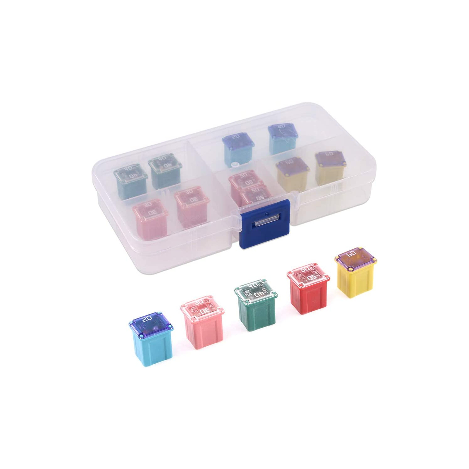 10Pcs Automotive Low Profile Box Shaped Mini Fuse 20A 30A 40A 50A 60A Fuse Assortment Kit for Ford, Chevy/GM, Nissan, and Toyota Pickup Trucks, Cars