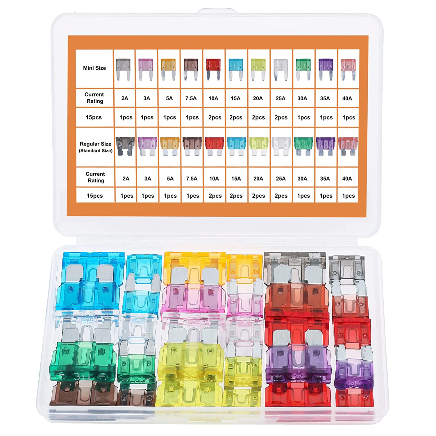 30Pcs Mini & Standard Car Fuse Assortment Kit, 15 Mini Blade Fuses Automotive + 15Standard Auto Fuses - for Car/RV/Truck/Motorcycle(2Amp 3A 5A 7.5A