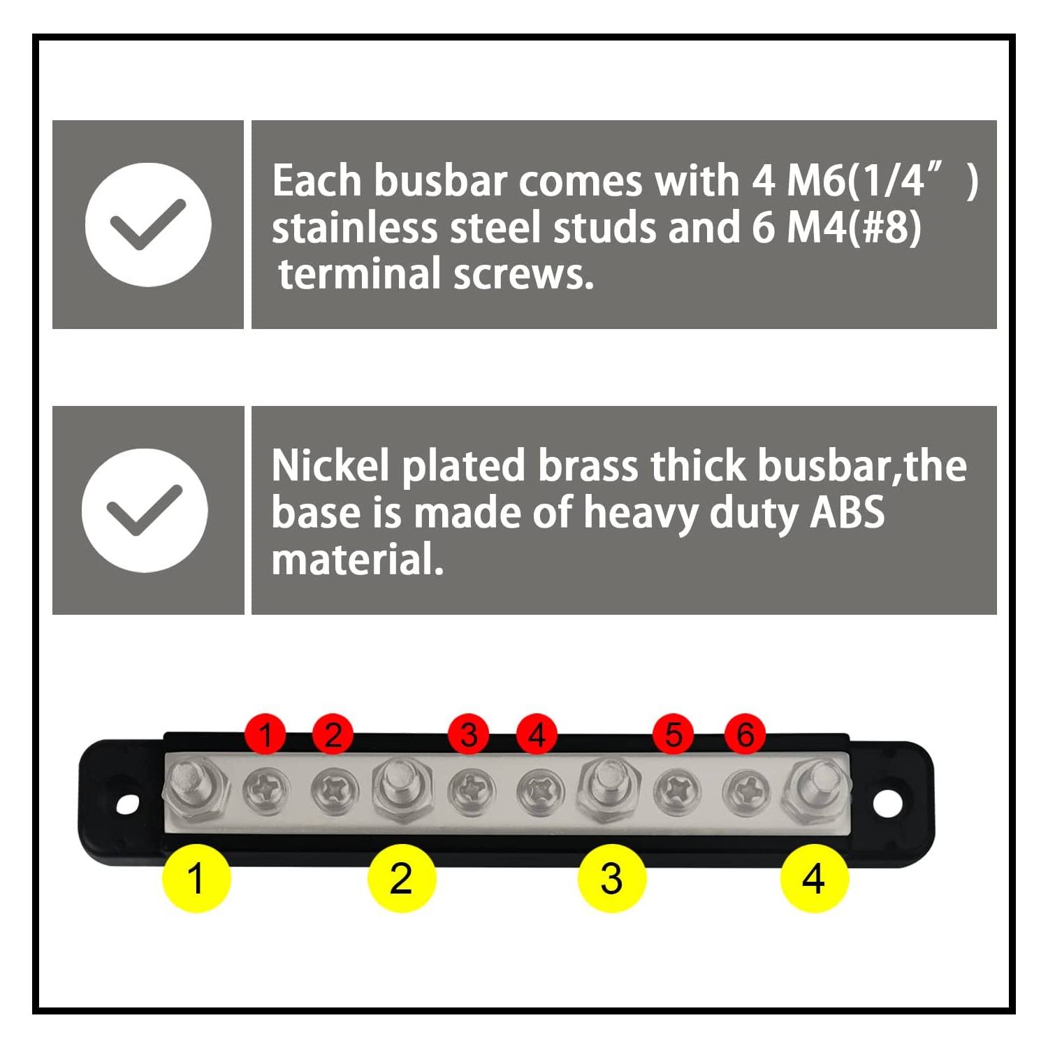 Busbar Distribution Block 4 x 1/4' Studs 6 x M4 Screw Terminal Blocks with Cover 150 Amp Rating Automotive Marine Battery Bus Bars