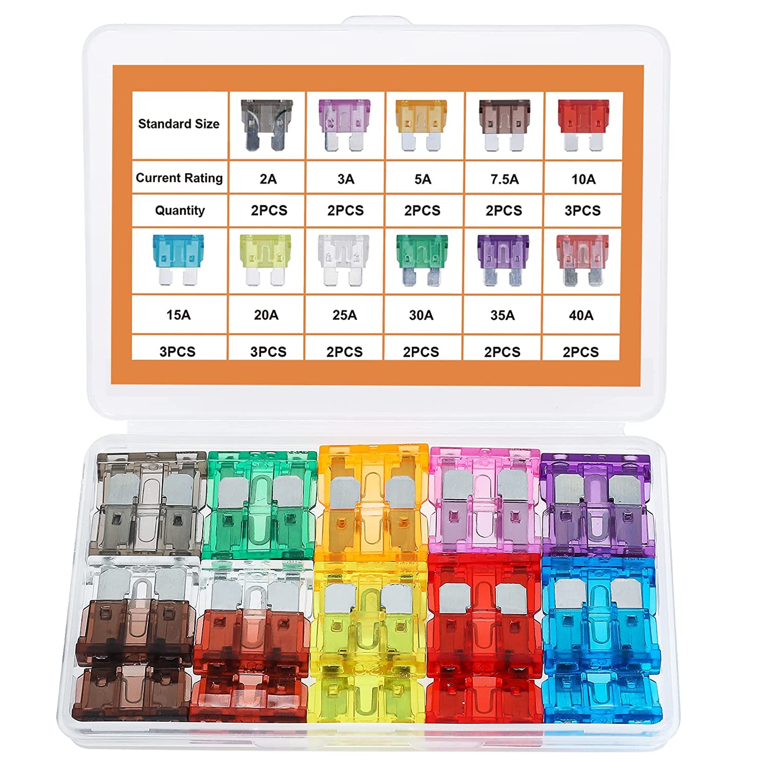 25Pcs Standard Car Fuse Kit - Blade Fuses Automotive - Replacement Fuses Assortment Kit for Car/RV/Truck/Motorcycle(2Amp 3A 5A 7.5A 10A 15A 20A 25A