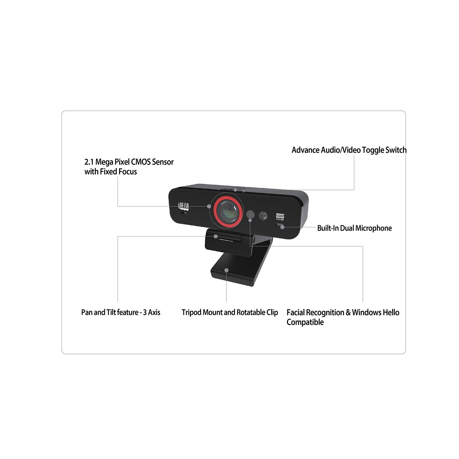Adesso webcam 1080p Cybertrack F1 2.1MP Dual Mics avec un trépied à annulation de bruit / Trépied Reconnaissance faciale montable Bonjour compatible