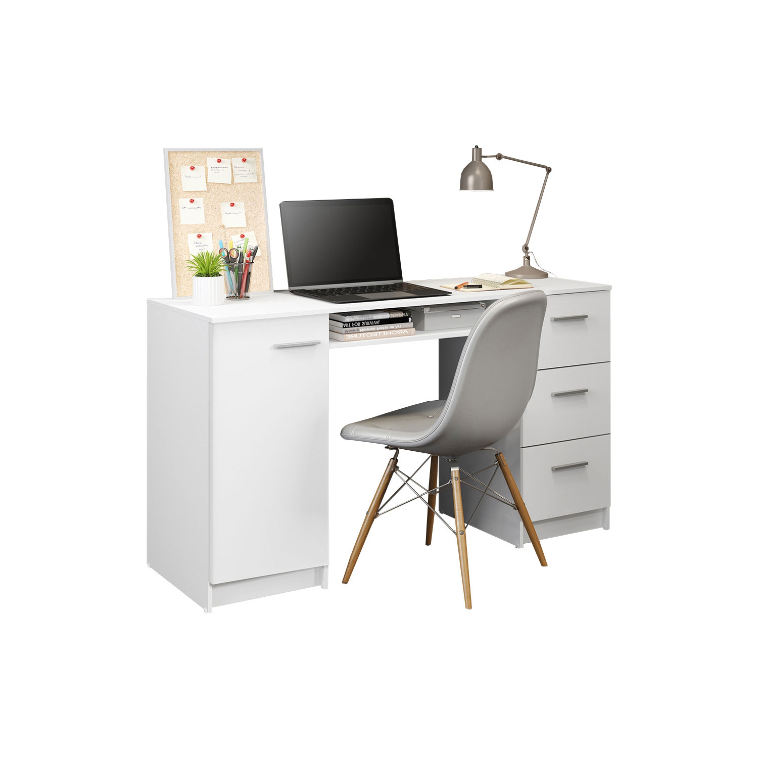 Bureau d’ordinateur avec 3 tiroirs, 1 porte et 1 tablette de rangement de MADESA, beaucoup d’espace, bois, 18 prof. X 53 larg. X 30 haut. - Blanc