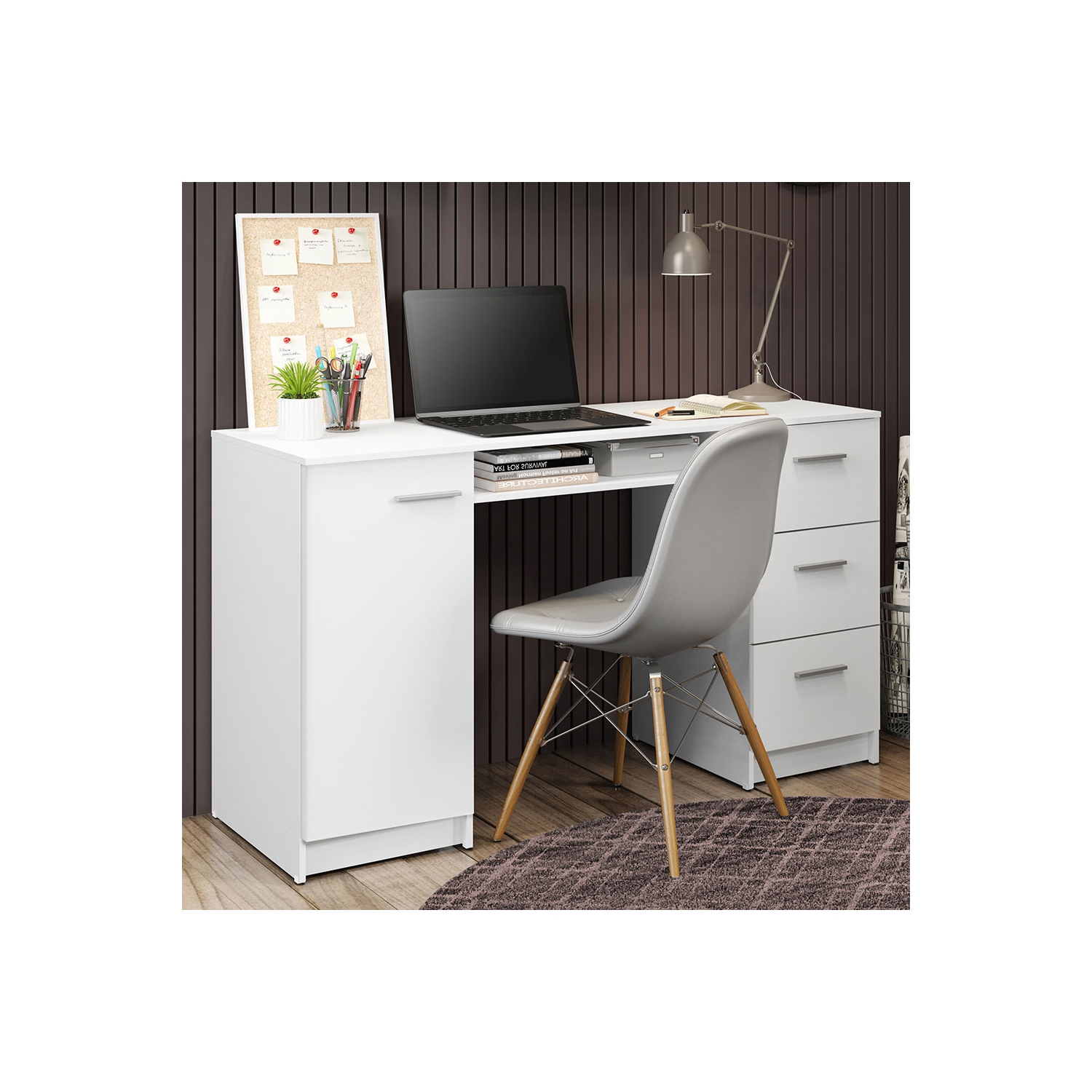 Bureau d’ordinateur avec 3 tiroirs, 1 porte et 1 tablette de rangement de MADESA, beaucoup d’espace, bois, 18 prof. X 53 larg. X 30 haut. - Blanc