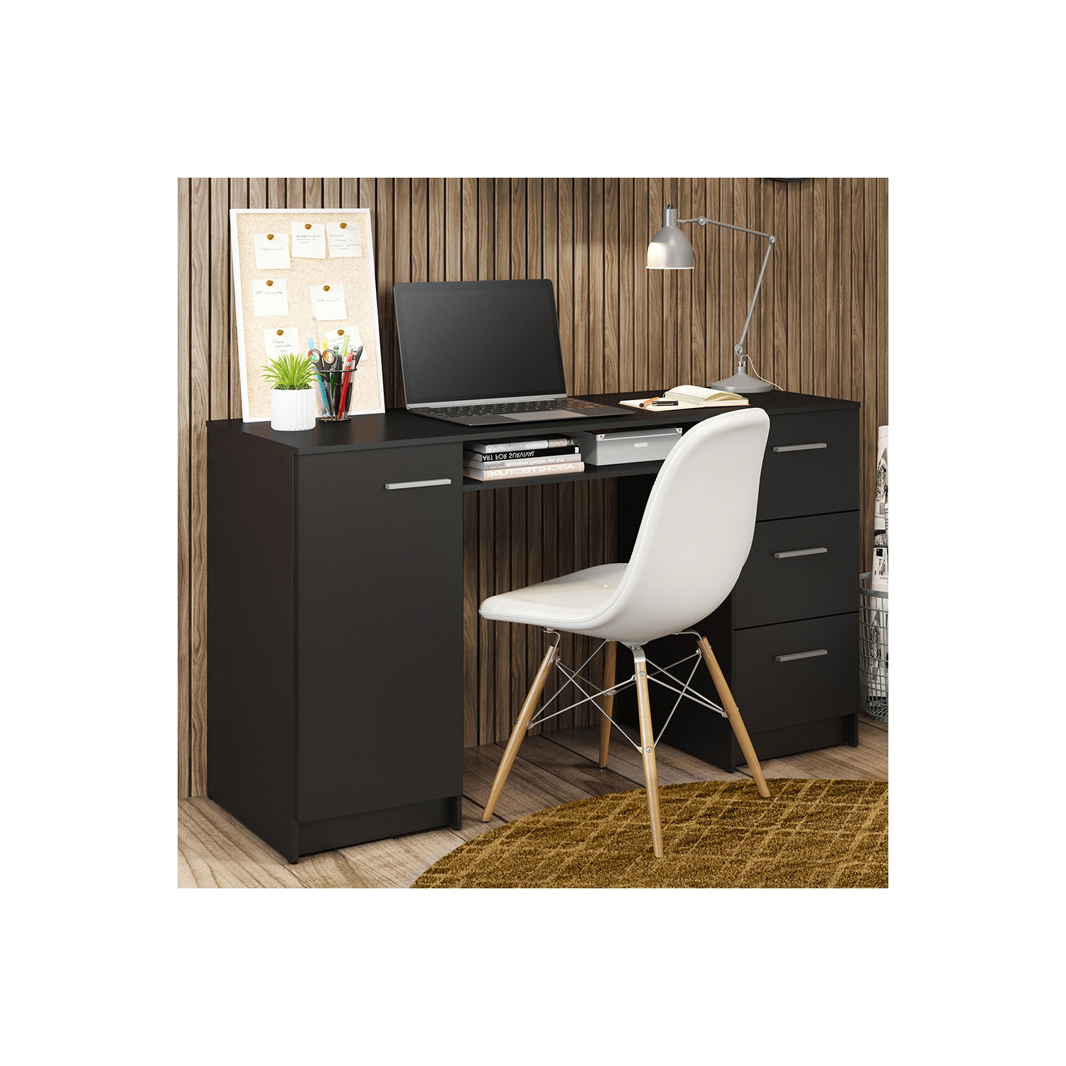 Bureau d’ordinateur avec 3 tiroirs, 1 porte et 1 tablette de rangement de MADESA, beaucoup d’espace, bois, 18 prof. X 53 larg. X 30 haut. - Noir