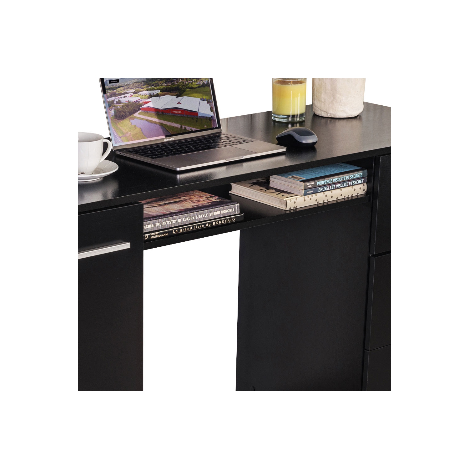 Bureau d’ordinateur avec 3 tiroirs, 1 porte et 1 tablette de rangement de MADESA, beaucoup d’espace, bois, 18 prof. X 53 larg. X 30 haut. - Noir