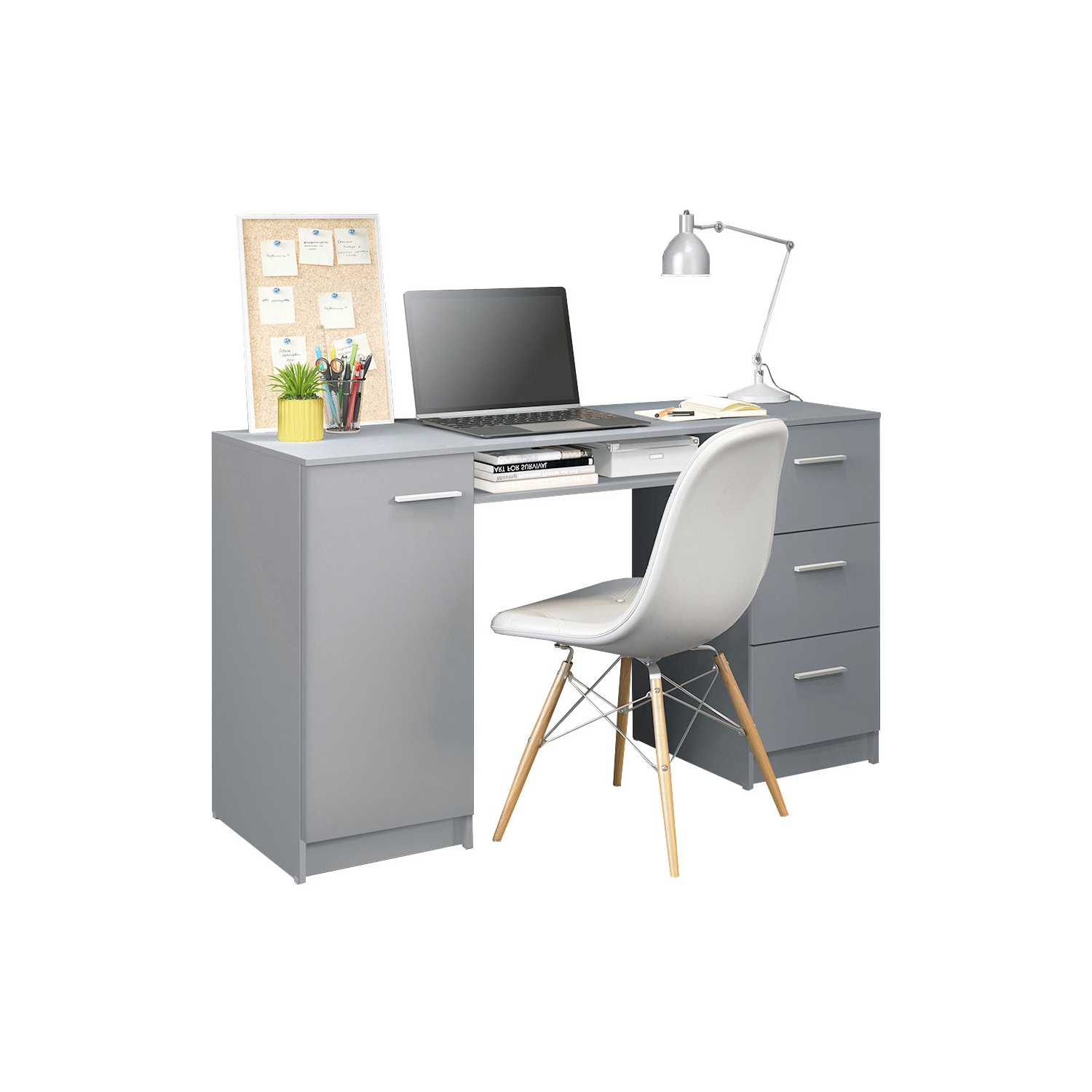 Bureau d’ordinateur avec 3 tiroirs, 1 porte et 1 tablette de rangement de MADESA, beaucoup d’espace, bois, 18 prof. X 53 larg. X 30 haut. - Gris