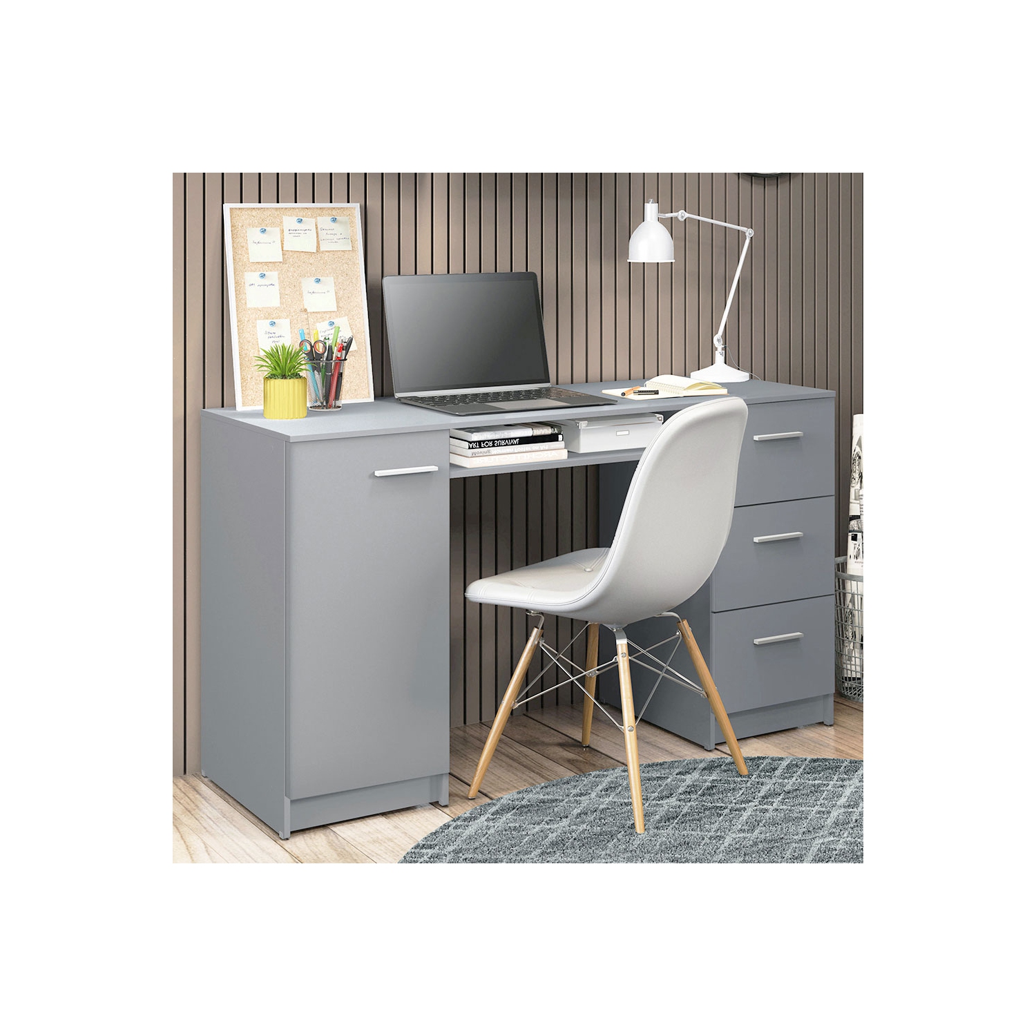 Bureau d’ordinateur avec 3 tiroirs, 1 porte et 1 tablette de rangement de MADESA, beaucoup d’espace, bois, 18 prof. X 53 larg. X 30 haut. - Gris