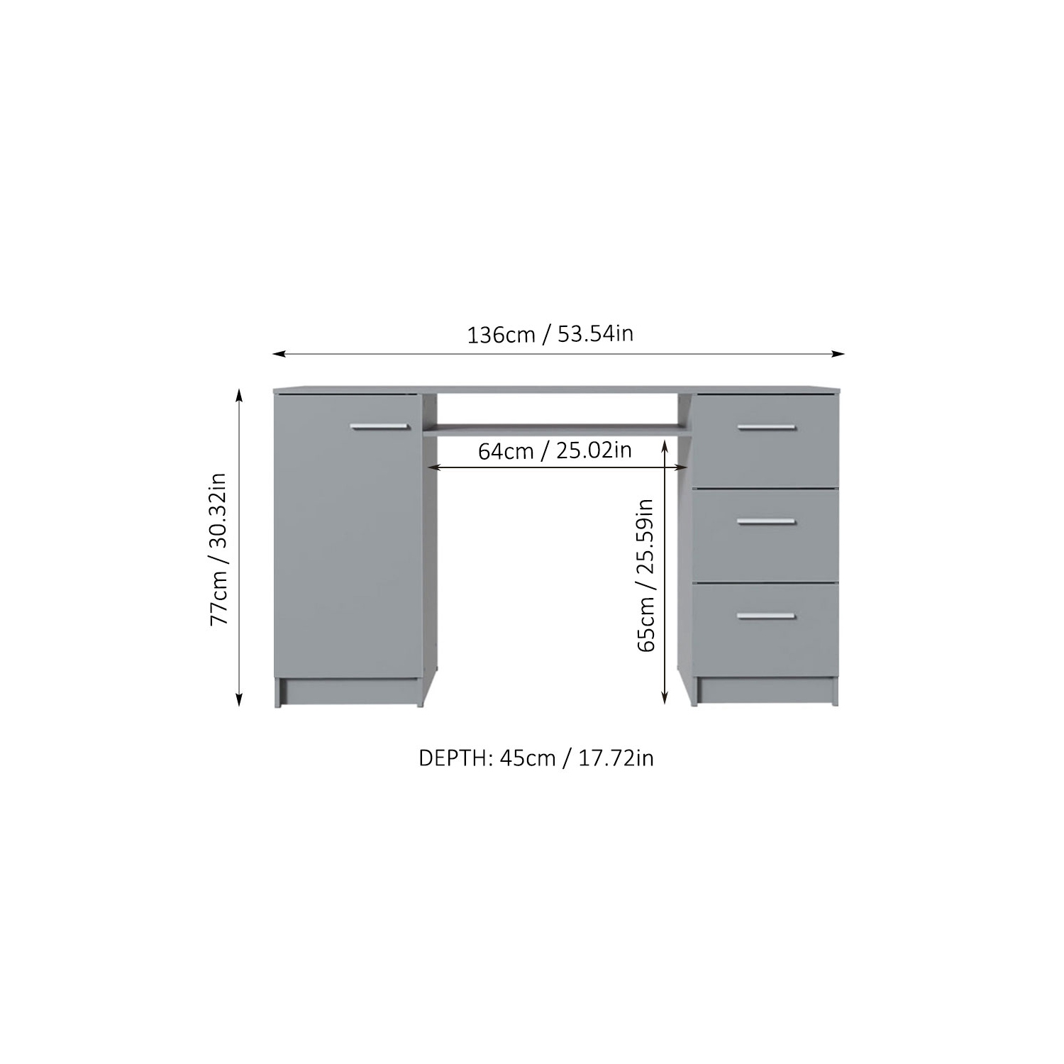 Bureau d’ordinateur avec 3 tiroirs, 1 porte et 1 tablette de rangement de MADESA, beaucoup d’espace, bois, 18 prof. X 53 larg. X 30 haut. - Gris