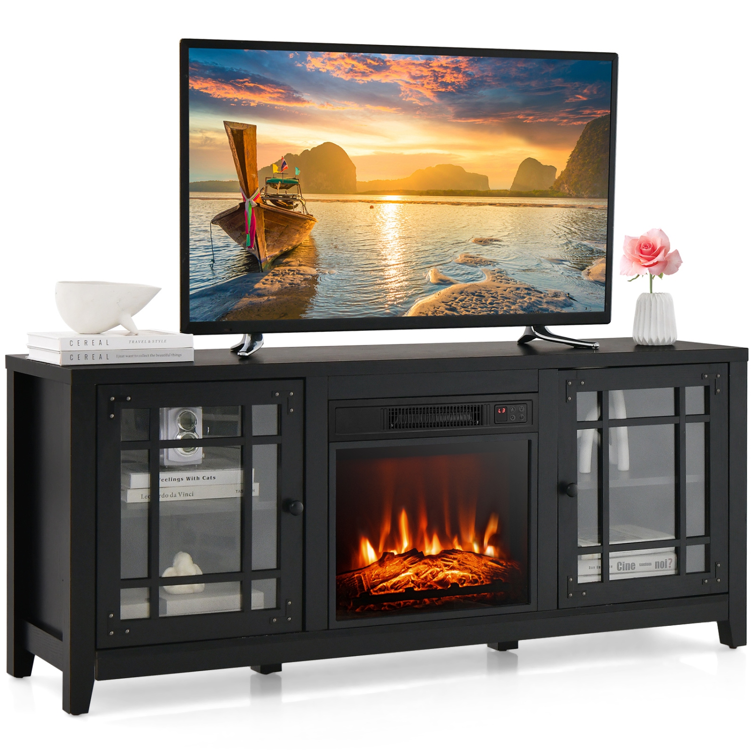 Costway 58 Inches Fireplace TV Stand for TVs up to 65 Inches with 1400W Electric Fireplace Black/Naturl/White