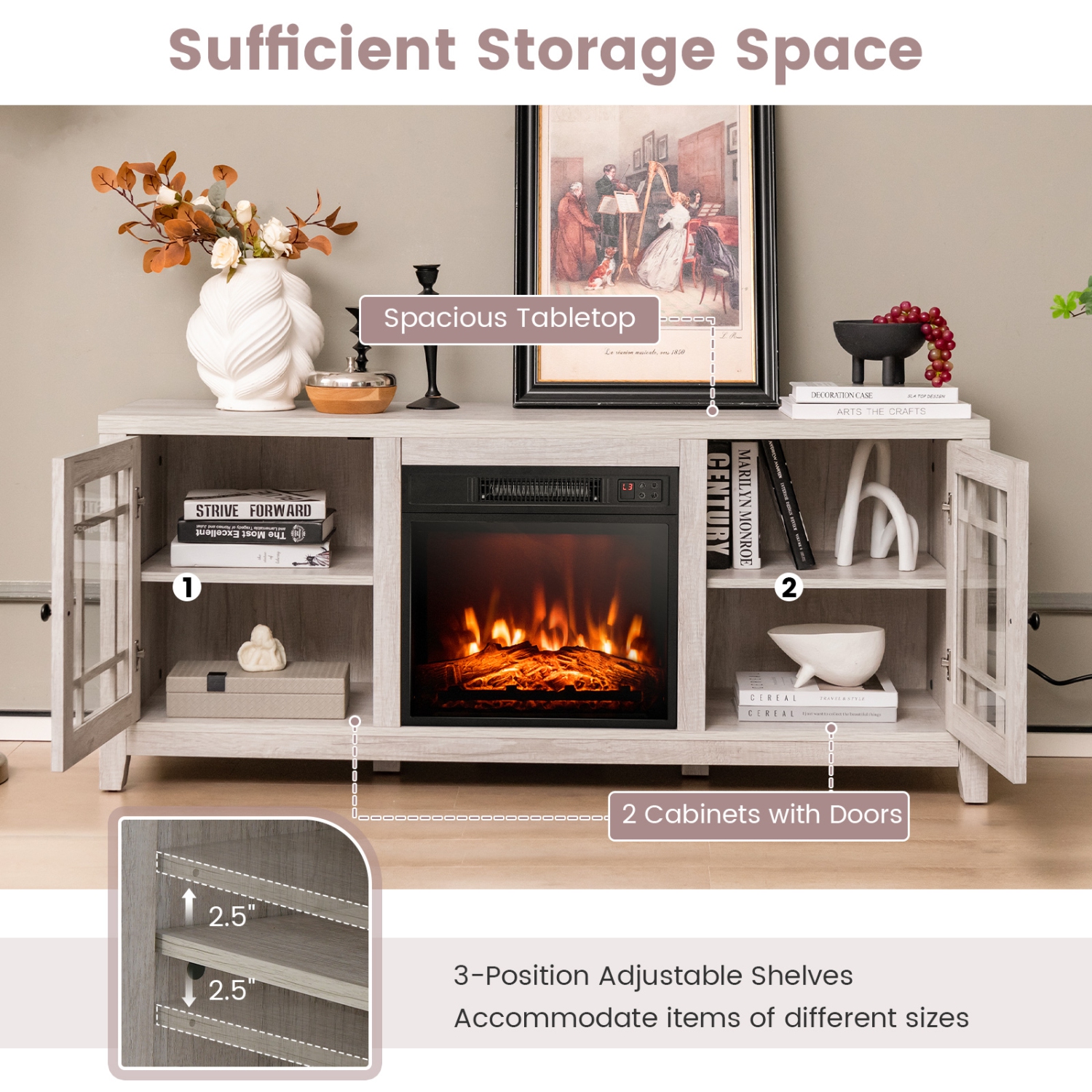 Meuble pour téléviseur de 58 po avec foyer de Costway pour téléviseur de 65 po ou moins avec foyer électrique 1400&nbsp;W - Noir/naturel/Blanc