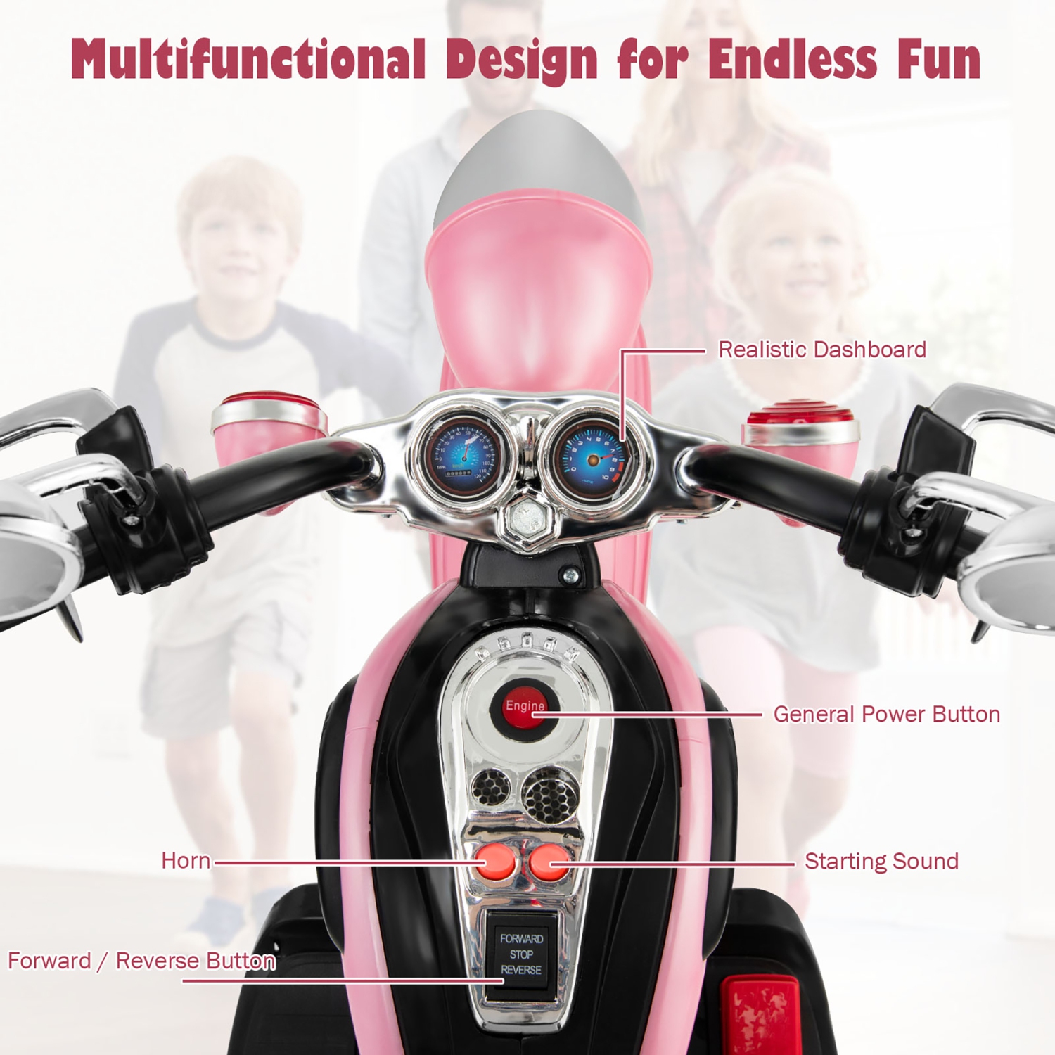 Costway 6V Kids Ride On Chopper Motorcycle 3 Wheel Trike with Headlight and Horn Pink