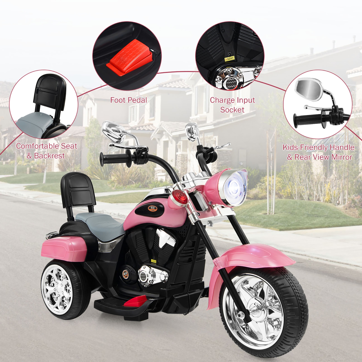 Costway 6V Kids Ride On Chopper Motorcycle 3 Wheel Trike with Headlight and Horn Pink
