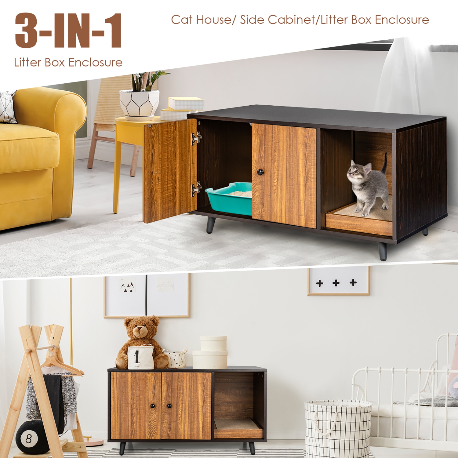 Costway Cat Litter Box Enclosure Cat Washroom Hidden Litter Box Enclosure Coffee