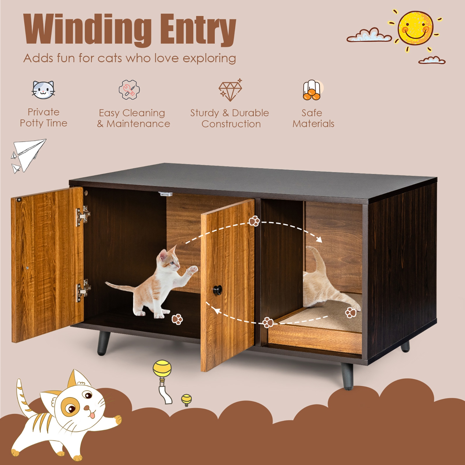 Costway Cat Litter Box Enclosure Cat Washroom Hidden Litter Box Enclosure Coffee