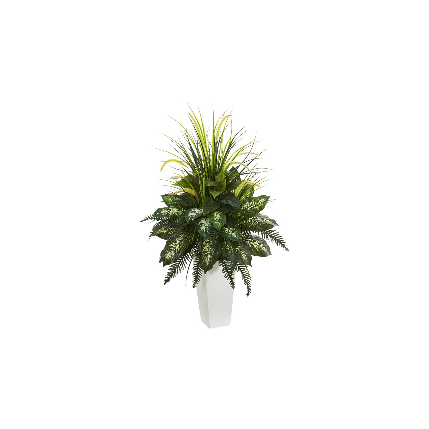 Mixed River Fern and Dog tail Artificial Plant in White Tower Planter