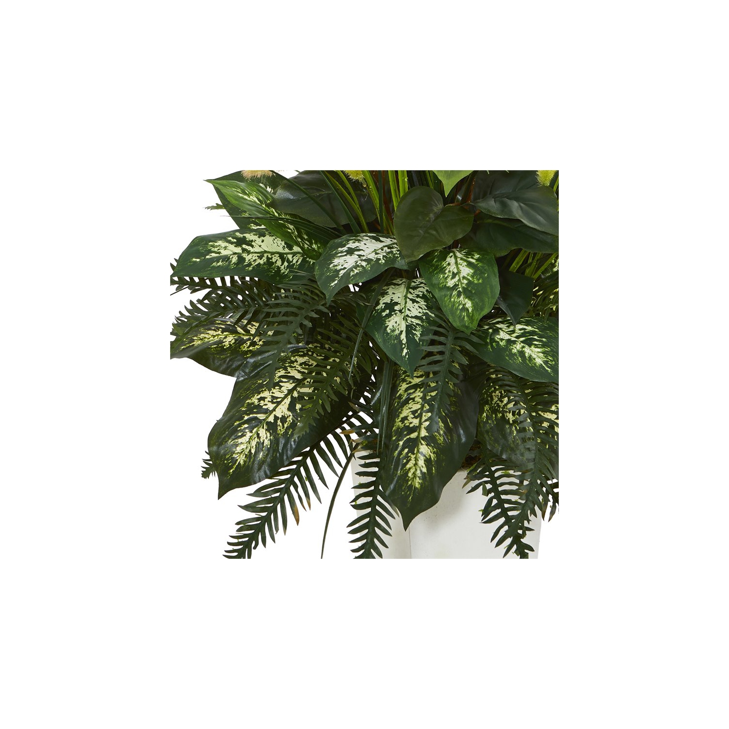 Mixed River Fern and Dog tail Artificial Plant in White Tower Planter