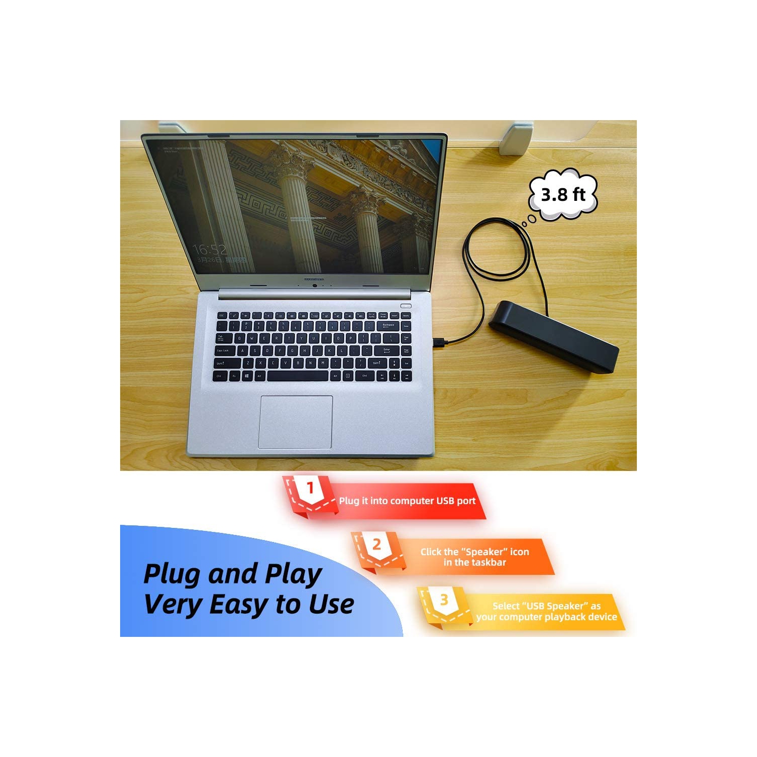 Haut-parleur d’ordinateur USB, haut-parleur de portable avec son stéréo et basses améliorées, mini barre de son portative pour les ordinateurs