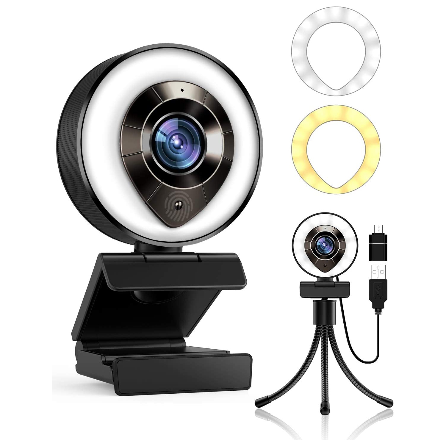 2022 HD 1080P Webcam with Microphone,Ring Light,Plug and Play,Adjustable Brightness,Advanced Auto-Focus,Privacy Protection,USB Streaming Webcam for PC Desktop Laptop MAC,Z