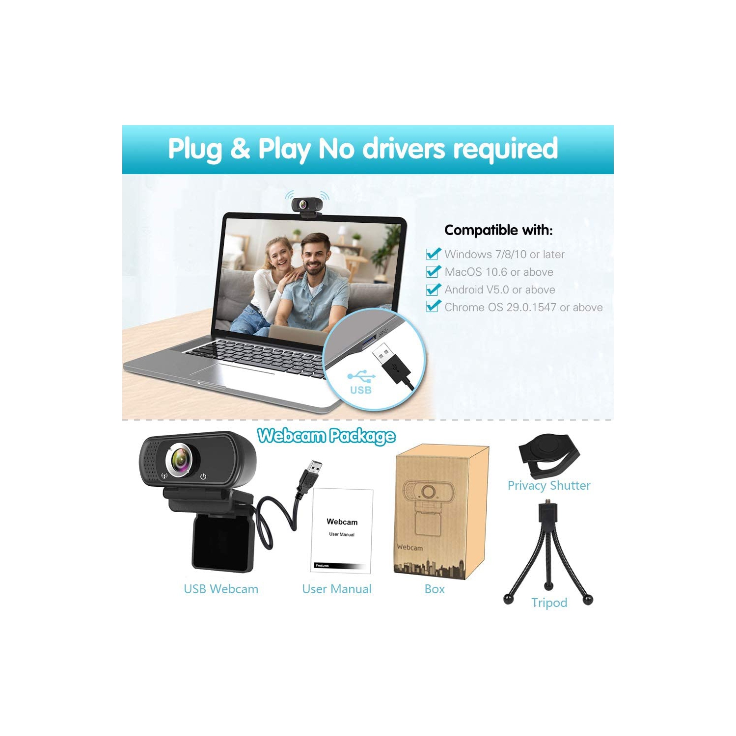 1080P Webcam,Live Streaming Web Camera with Stereo Microphone, Desktop or Laptop USB Webcam with 110 Degree View Angle, HD N5 Webcam for Video