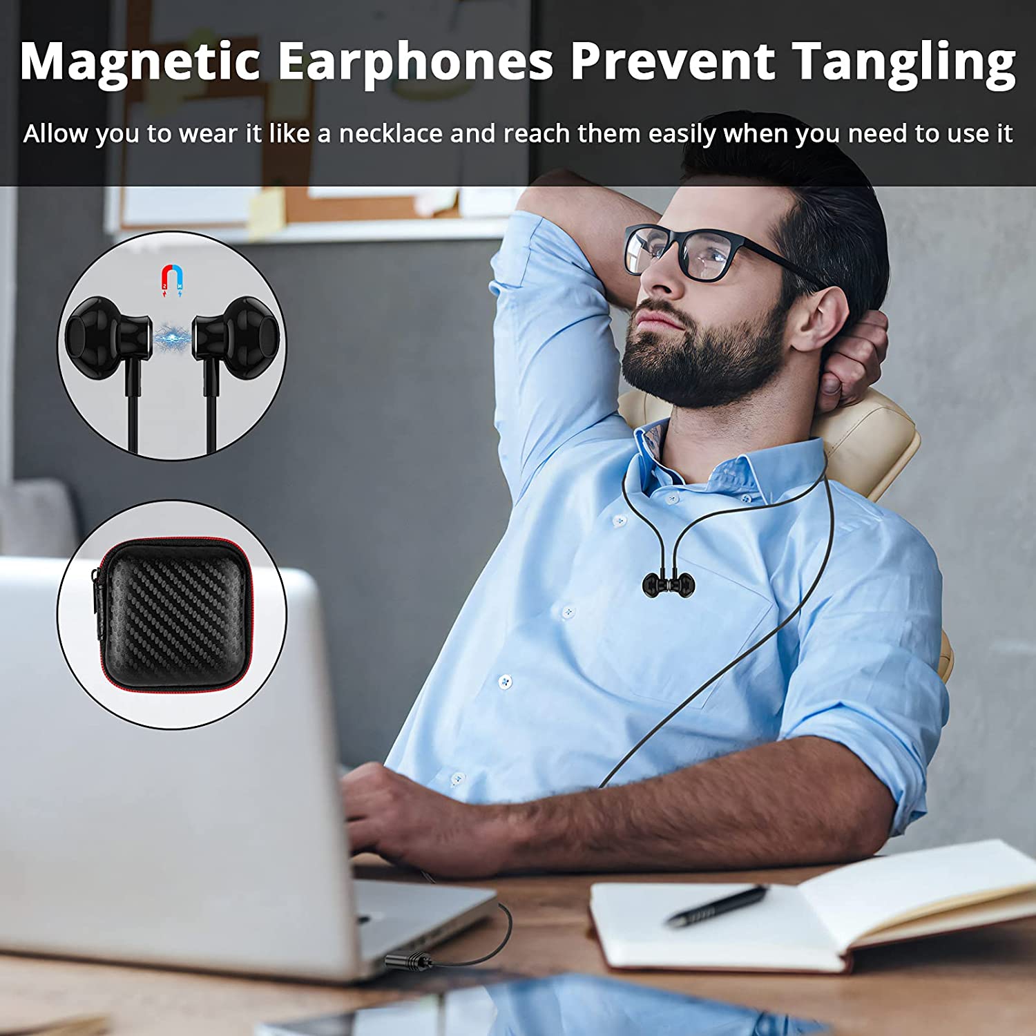 USB Computer Headset with Microphone, Magnetic Wired Earphones for PC 7.5FT Long Cord, in-Ear Headphones with HiFi Stereo Bass Sound for Laptop