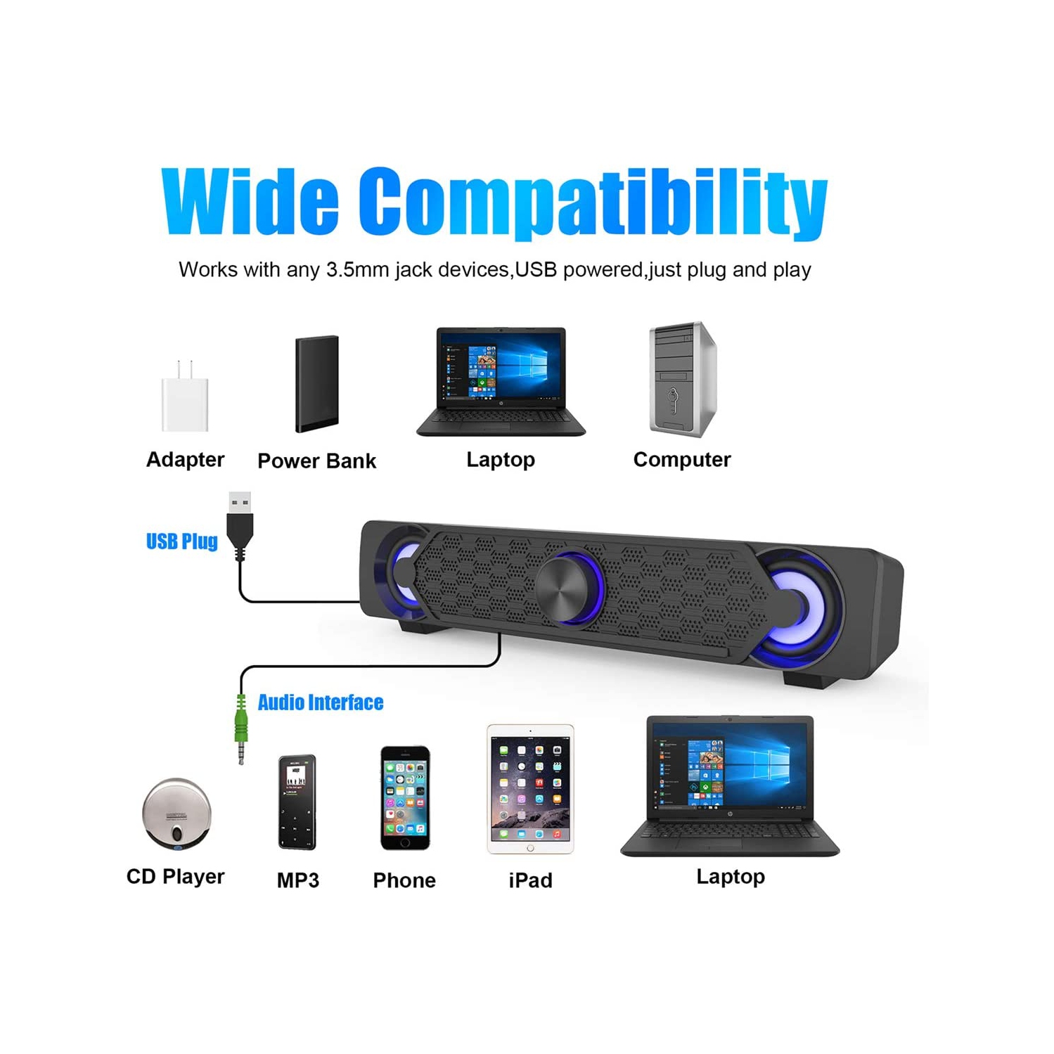 PC Speakers, Computer Gaming Speaker Cool Led/Volume Control Powered by USB, Stereo PC Laptop Desktop Loudspeaker