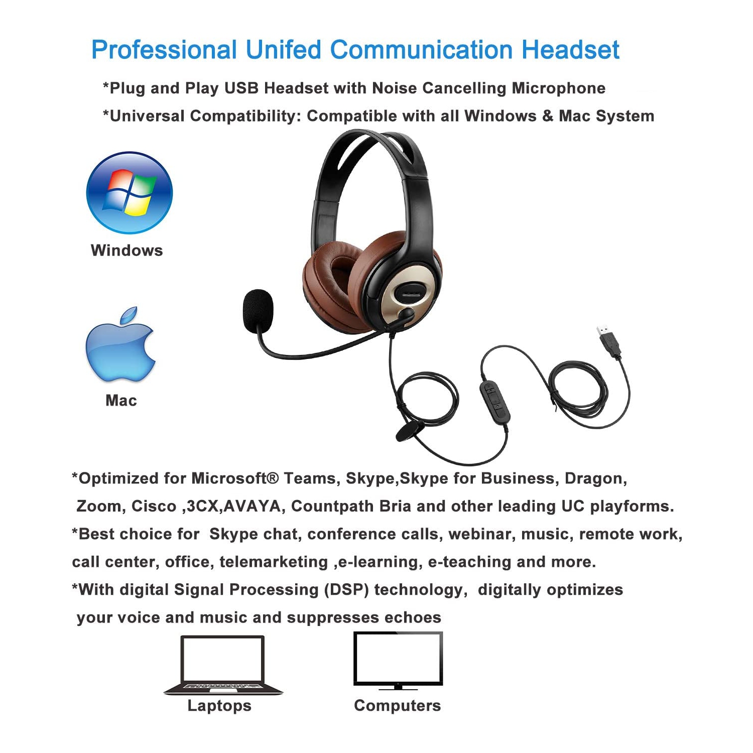 USB Headset with Microphone for PC Laptop w Mic Mute Volume Controller for Dragon Voice Recognition Dictation Wired PC Headphone for School Kids