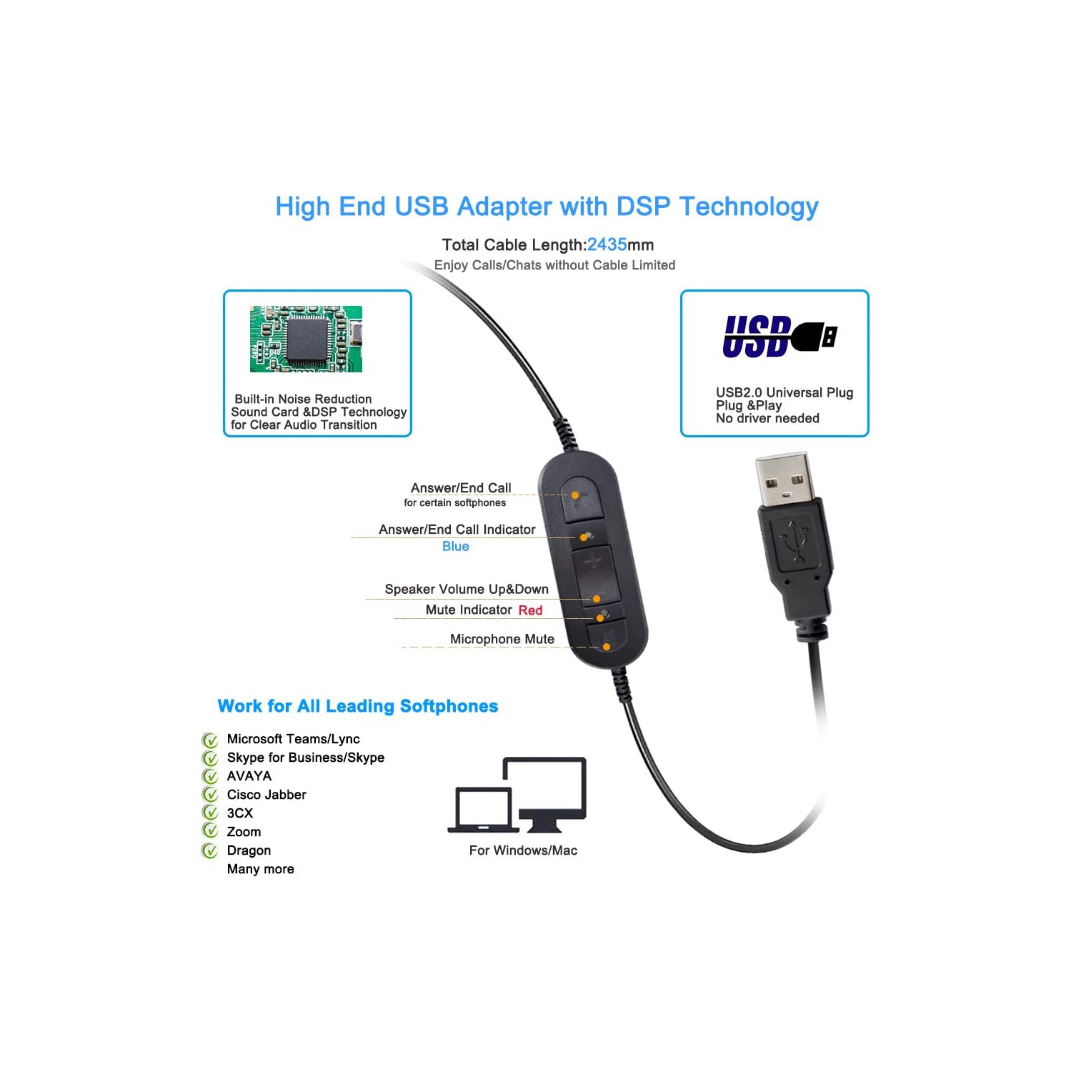 USB Headset with Microphone for PC Laptop w Mic Mute Volume Controller for Dragon Voice Recognition Dictation Wired PC Headphone for School Kids