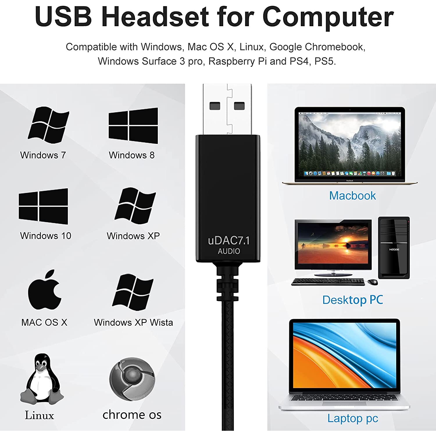 USB Headphones Computer Headset, Noise Cancelling in-Ear Wired Earphones with Microphone 7.5FT for Office Live Broadcast Gaming PS4, Compatible with