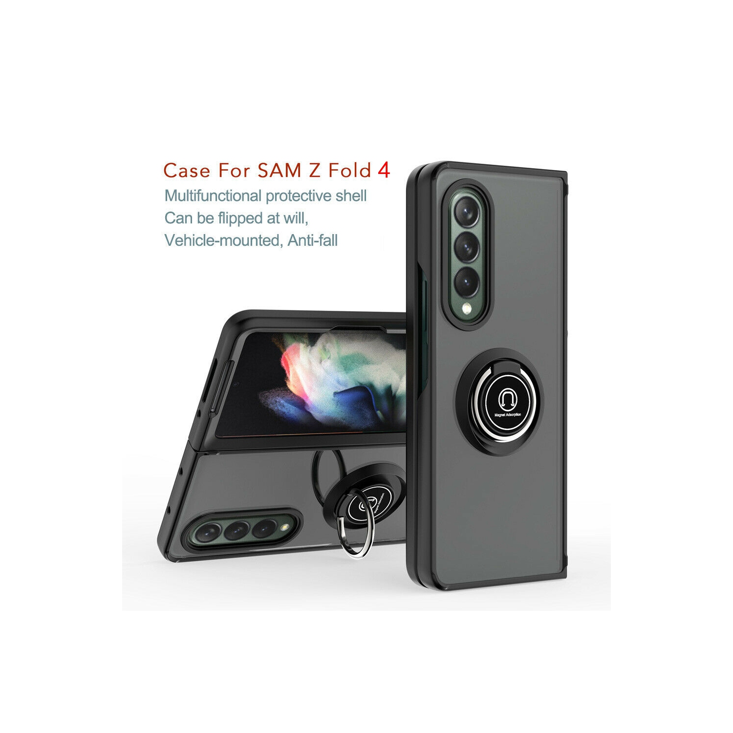 【CSmart】 Anti-Drop Rubberized Hybrid Magnetic Kickstand Case with Ring Holder for Samsung Galaxy Z Fold 4 5G 2022, Black