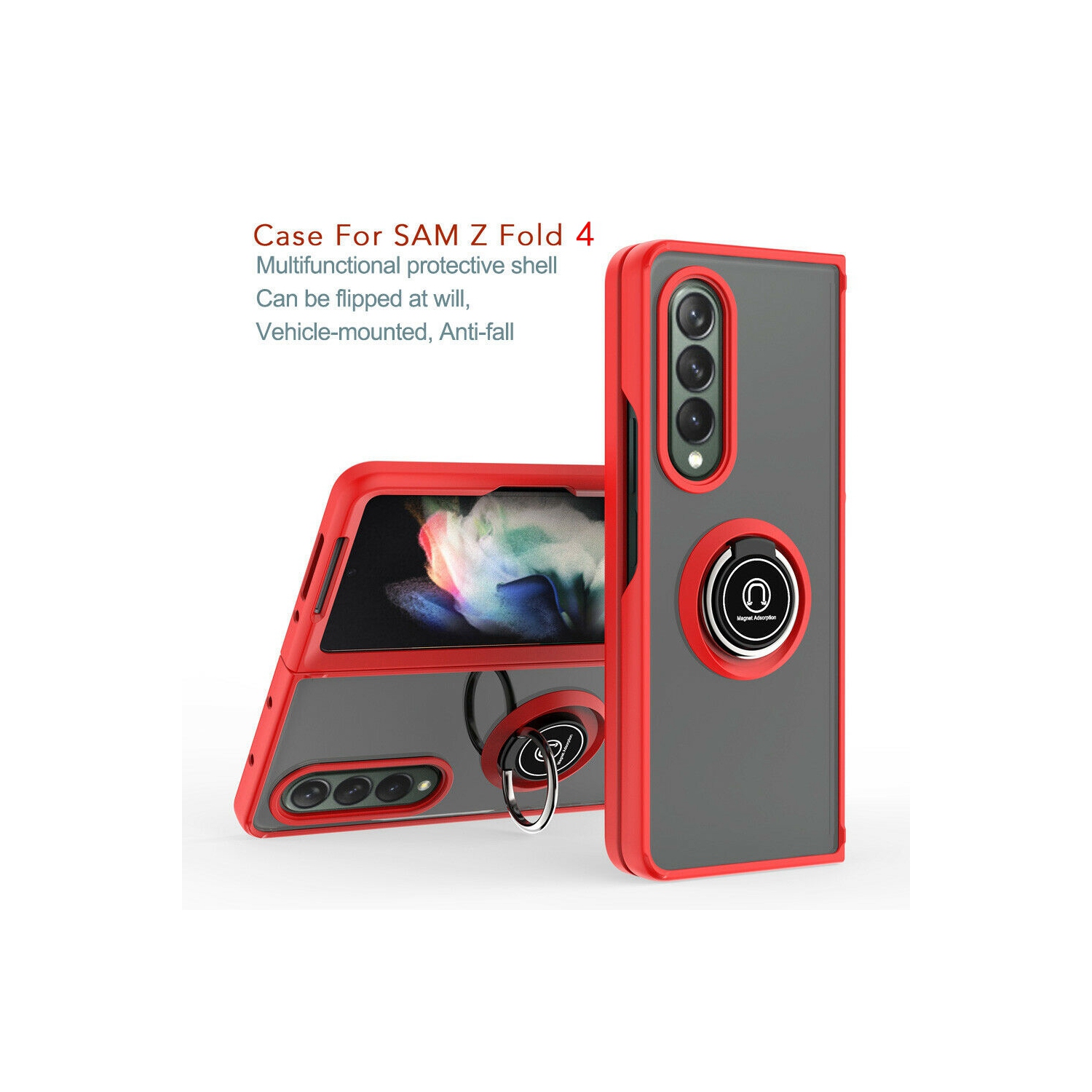 【CSmart】 Anti-Drop Rubberized Hybrid Magnetic Kickstand Case with Ring Holder for Samsung Galaxy Z Fold 4 5G 2022, Red